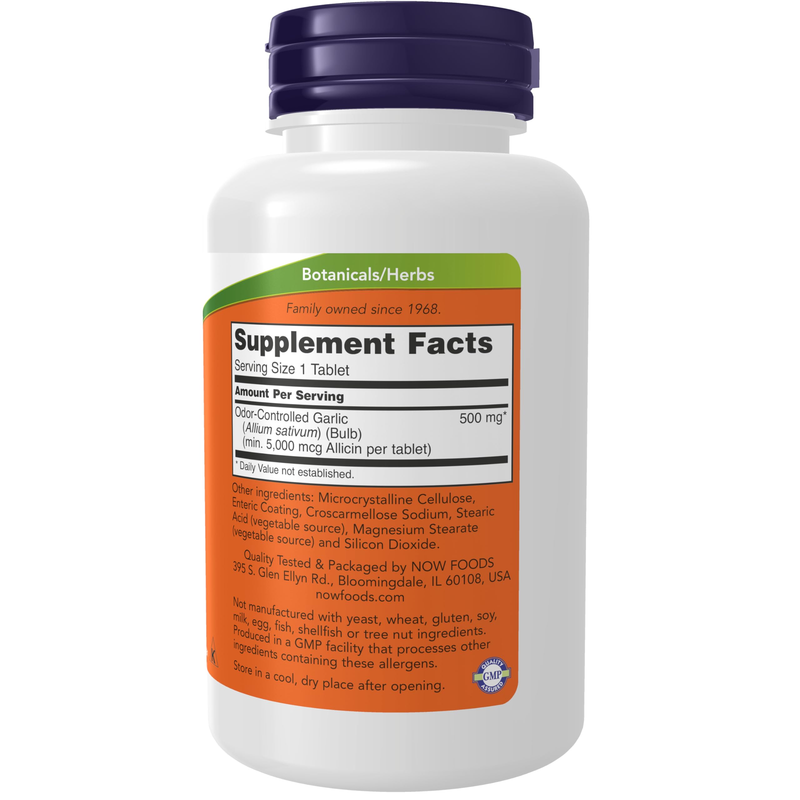 NOW Foods Allium Sativum odor controlled dietary supplement side label