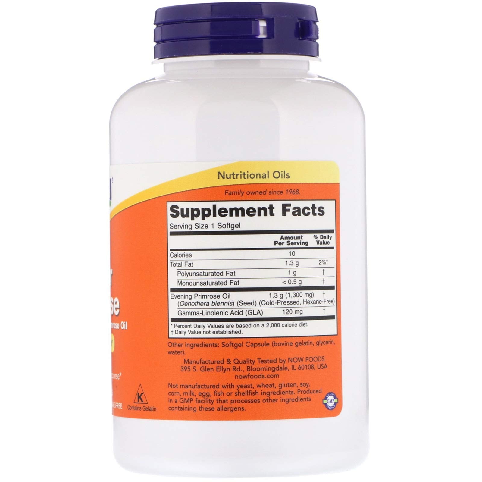Side view of authentic NOW Foods Evening Primrose Oil 1300mg bottle displaying supplement facts panel and ingredients list.