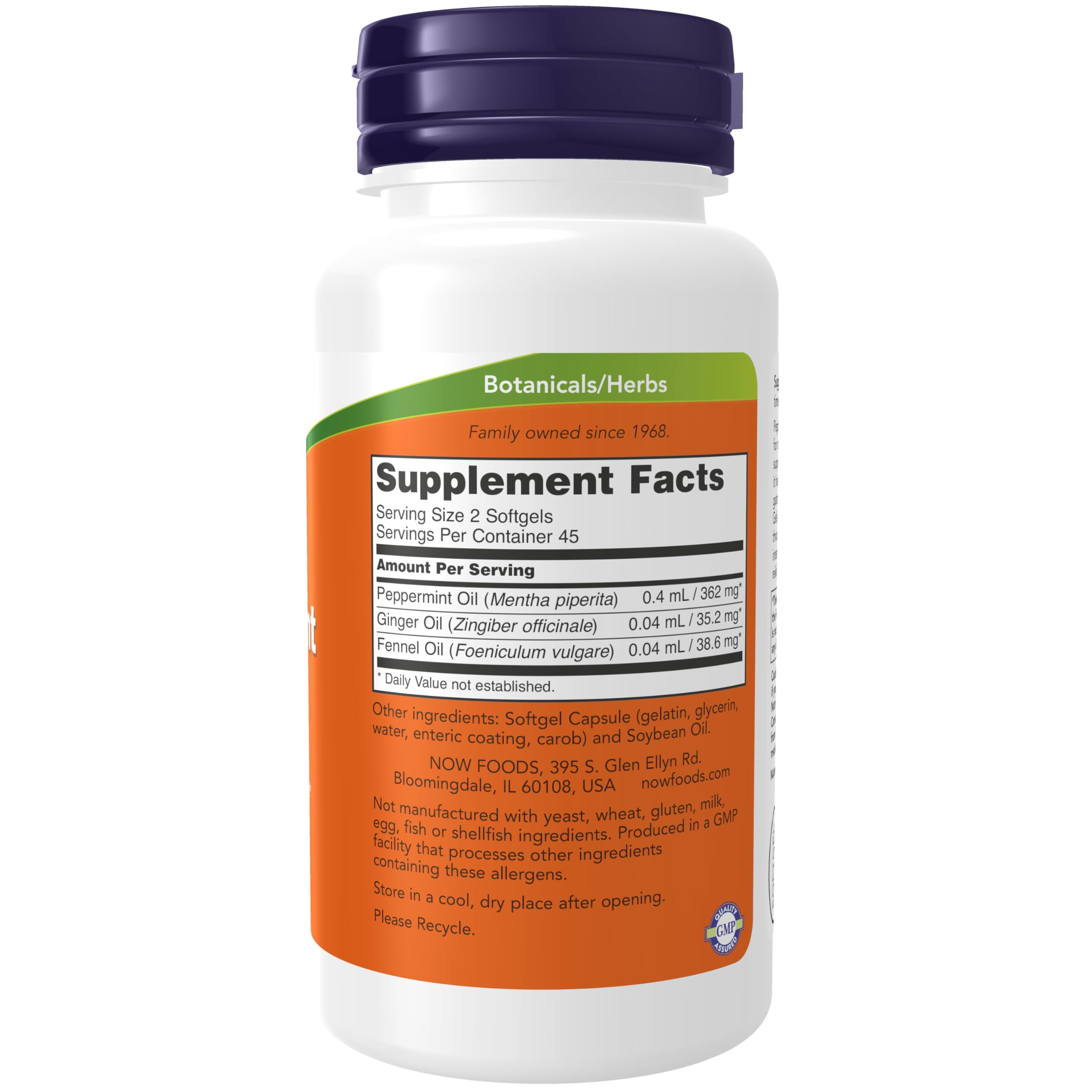 NOW Foods Peppermint Gels dietary supplement showing supplement facts and enteric coated benefits