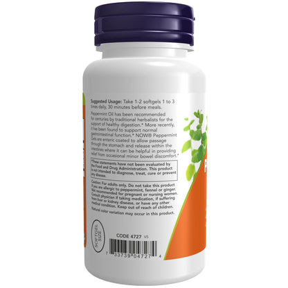 NOW Foods Peppermint Gels with ginger and fennel oils packaging showing directions for use