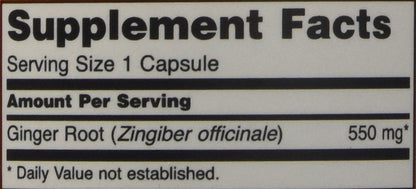 Two bottles of NOW Foods Ginger Root 550 Milligrams vegan capsules displaying product specifications and ingredients.