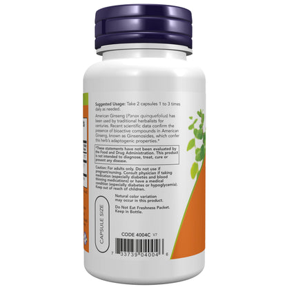Side view of Now Foods American Ginseng capsules bottle