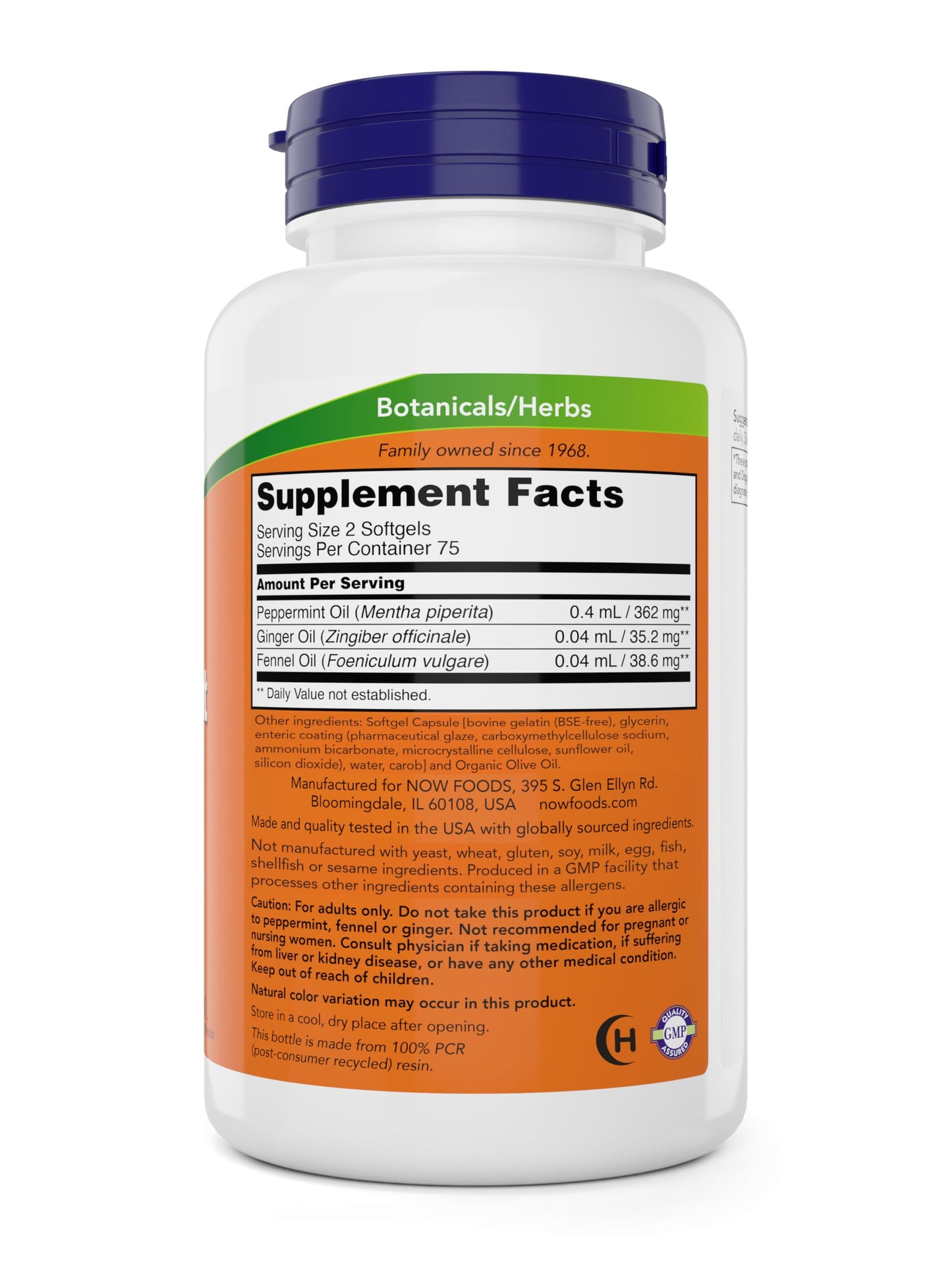 NOW Foods Peppermint Gels three hundred softgels pack detailing intestinal support benefits