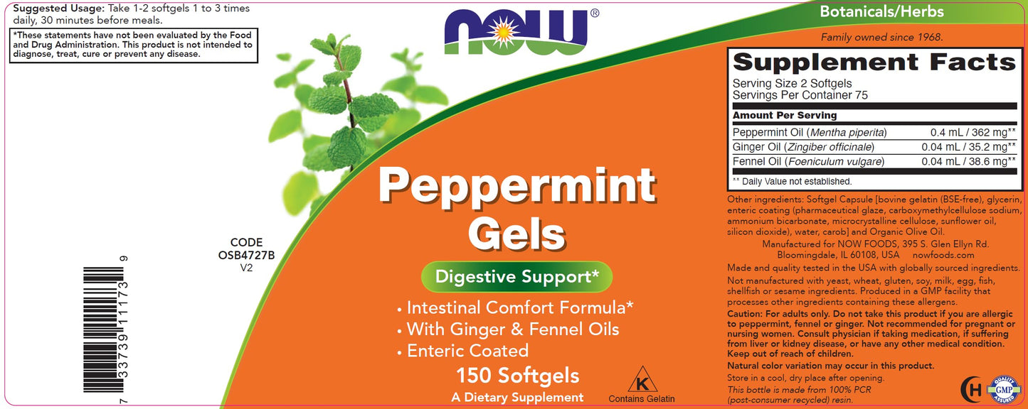 Authentic NOW Foods Peppermint Gels showing enteric coating layer for targeted gut release