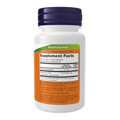 NOW Foods Goldenseal Root supplement facts and ingredient label on back of bottle