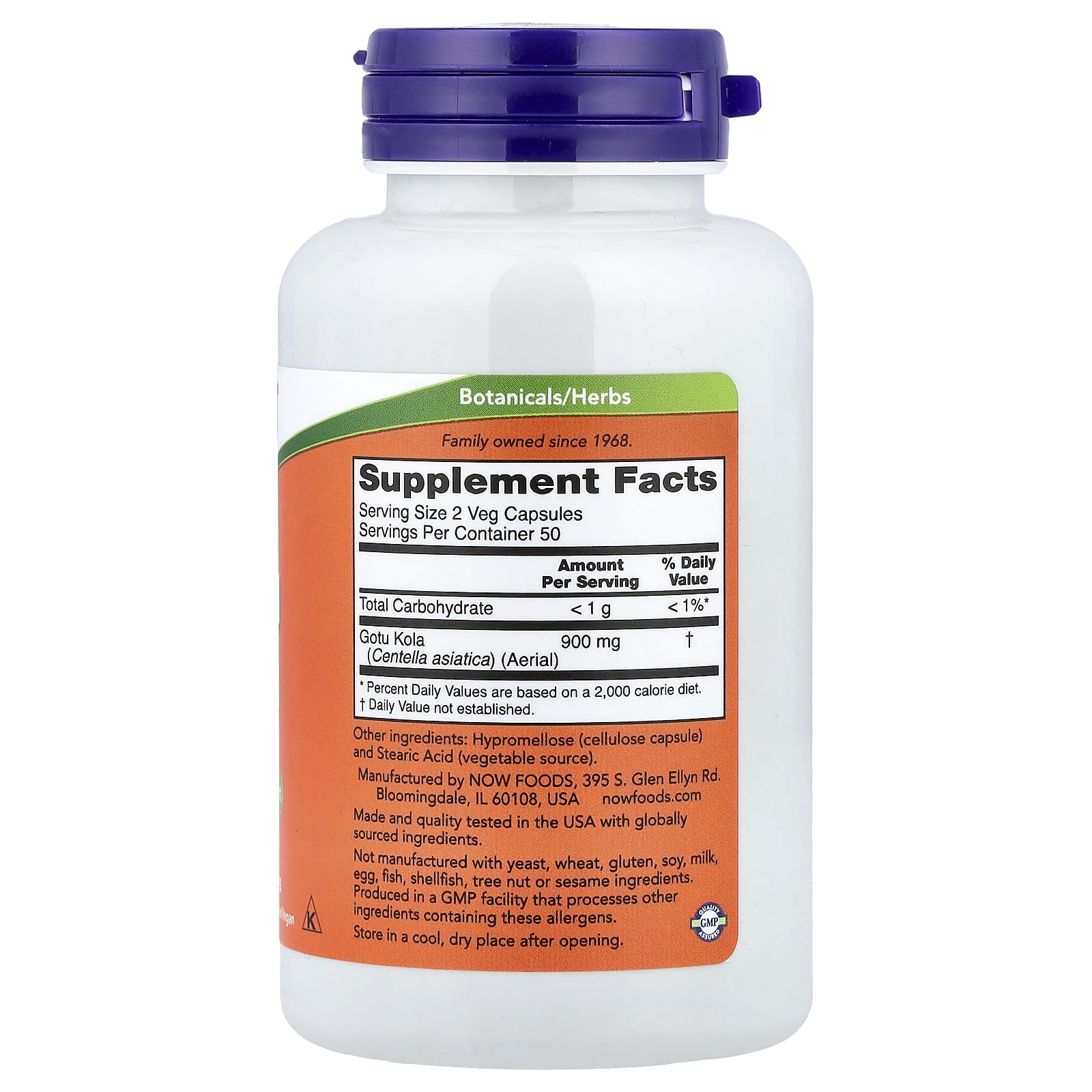 Side label and supplement facts of NOW Foods Gotu Kola 450 Milligrams vegetarian dietary support capsules