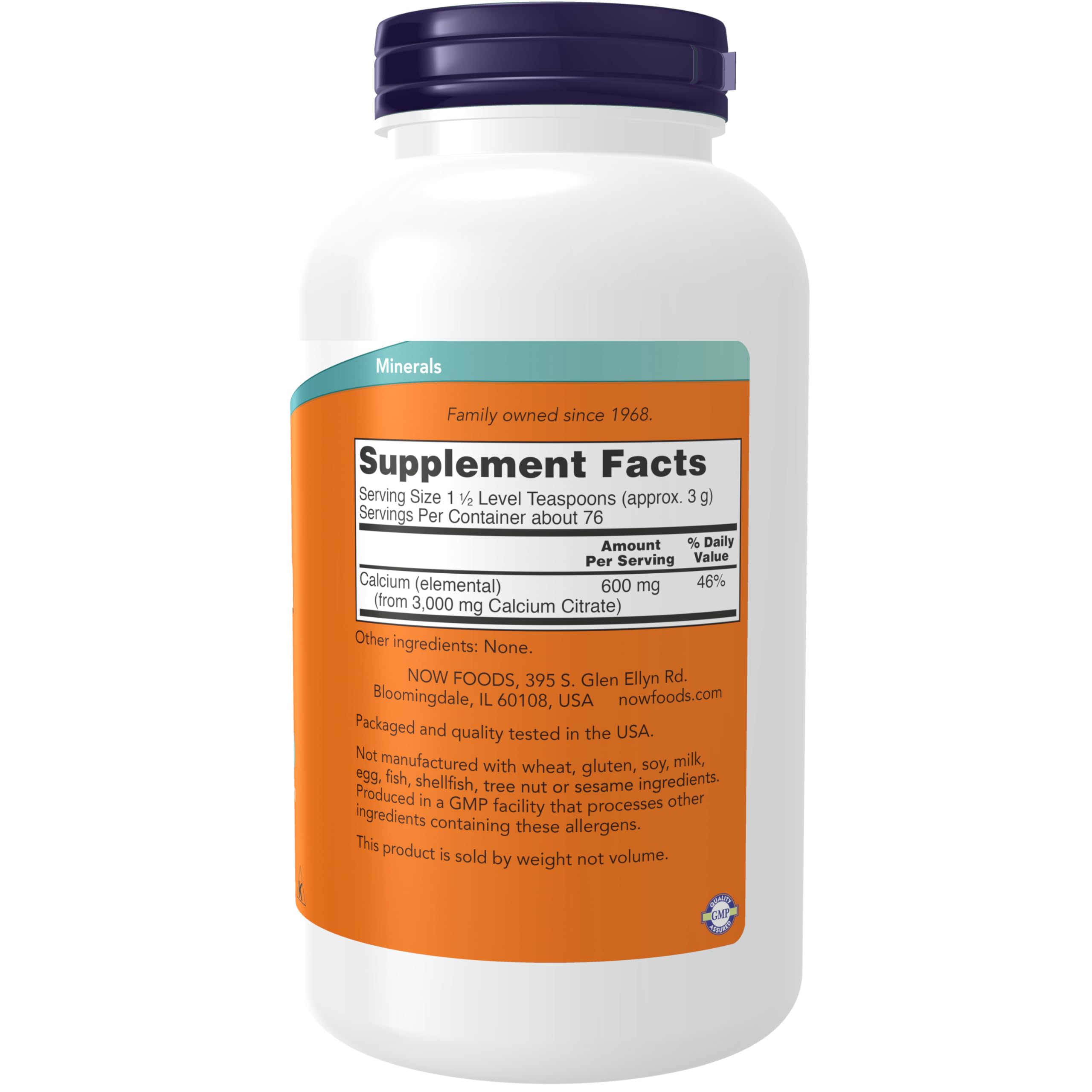 Highly bioavailable calcium citrate supplement powder side view showing purity details