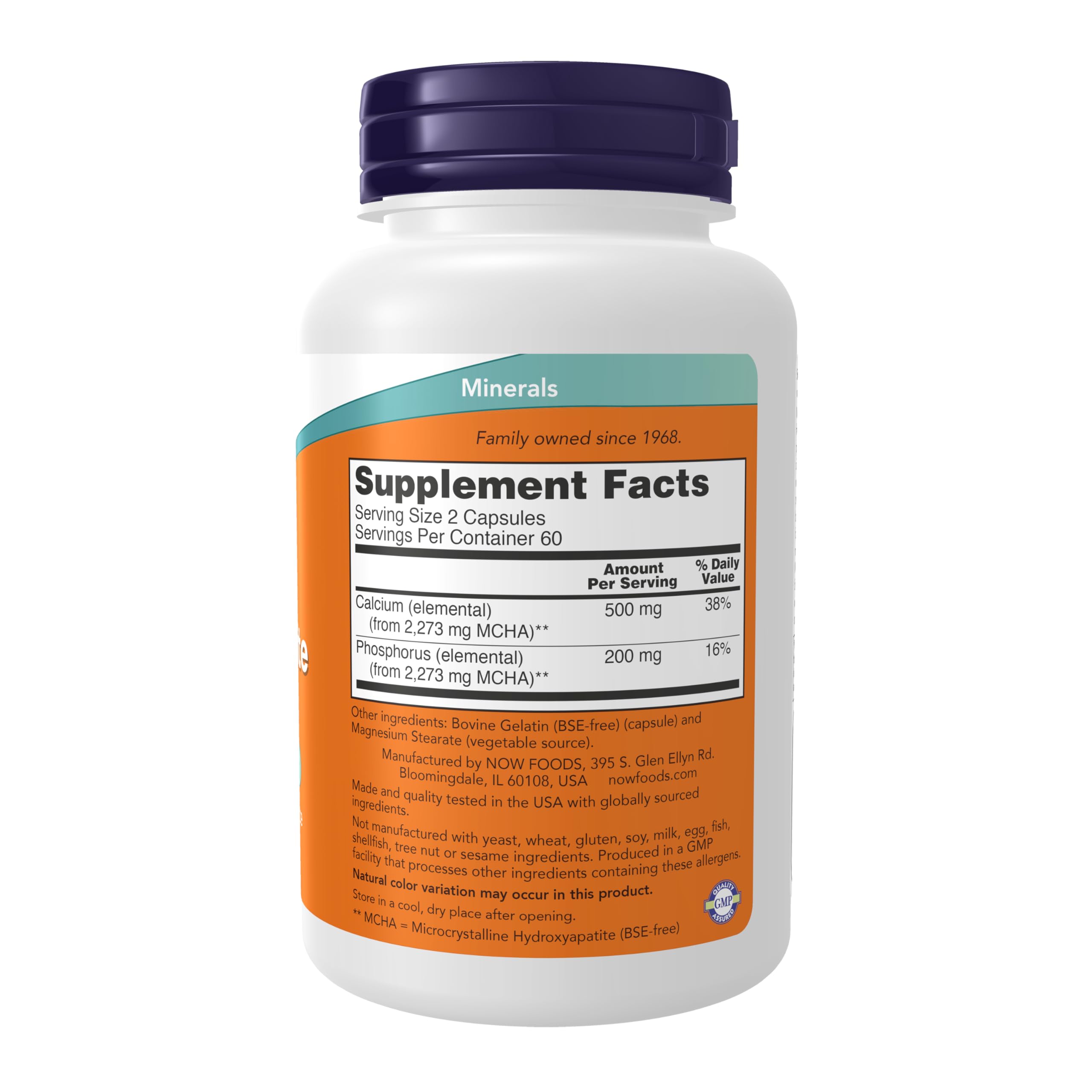 Side angle view of NOW Foods calcium supplement bottle showcasing allergen information and pure ingredients list.