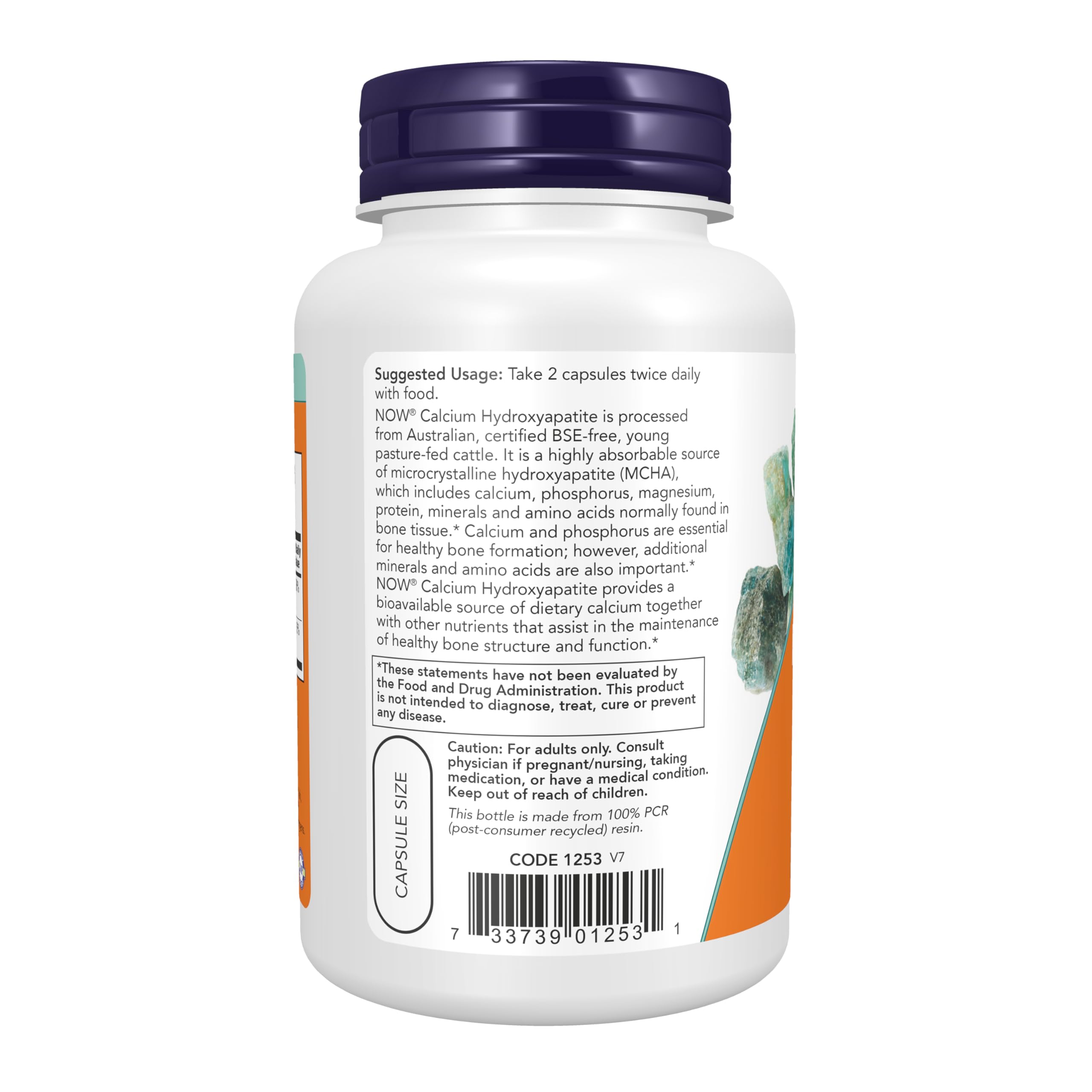 Close up of the nutritional facts panel on the back of NOW Foods bone mineral supplement.