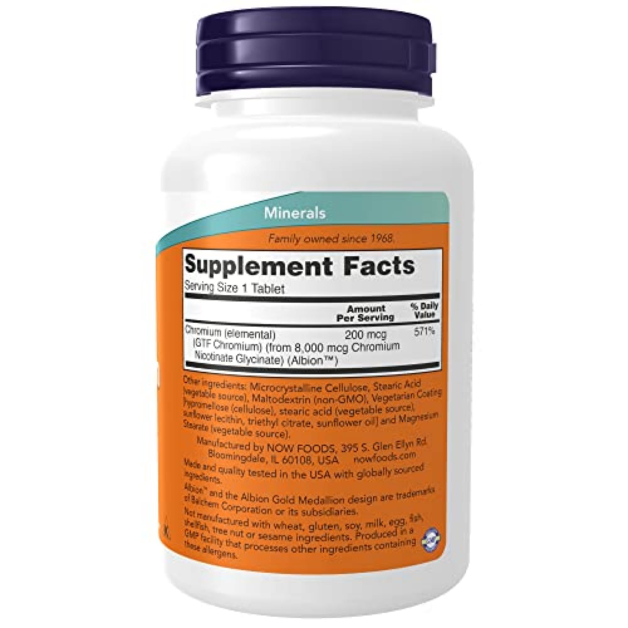 NOW Foods insulin co factor supplement tablets showing nutritional facts label.