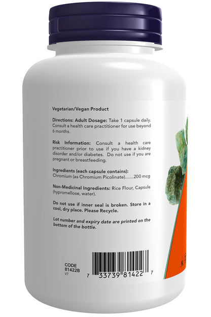 Authentic imported NOW Foods insulin co-factor chromium supplement bottle close up.