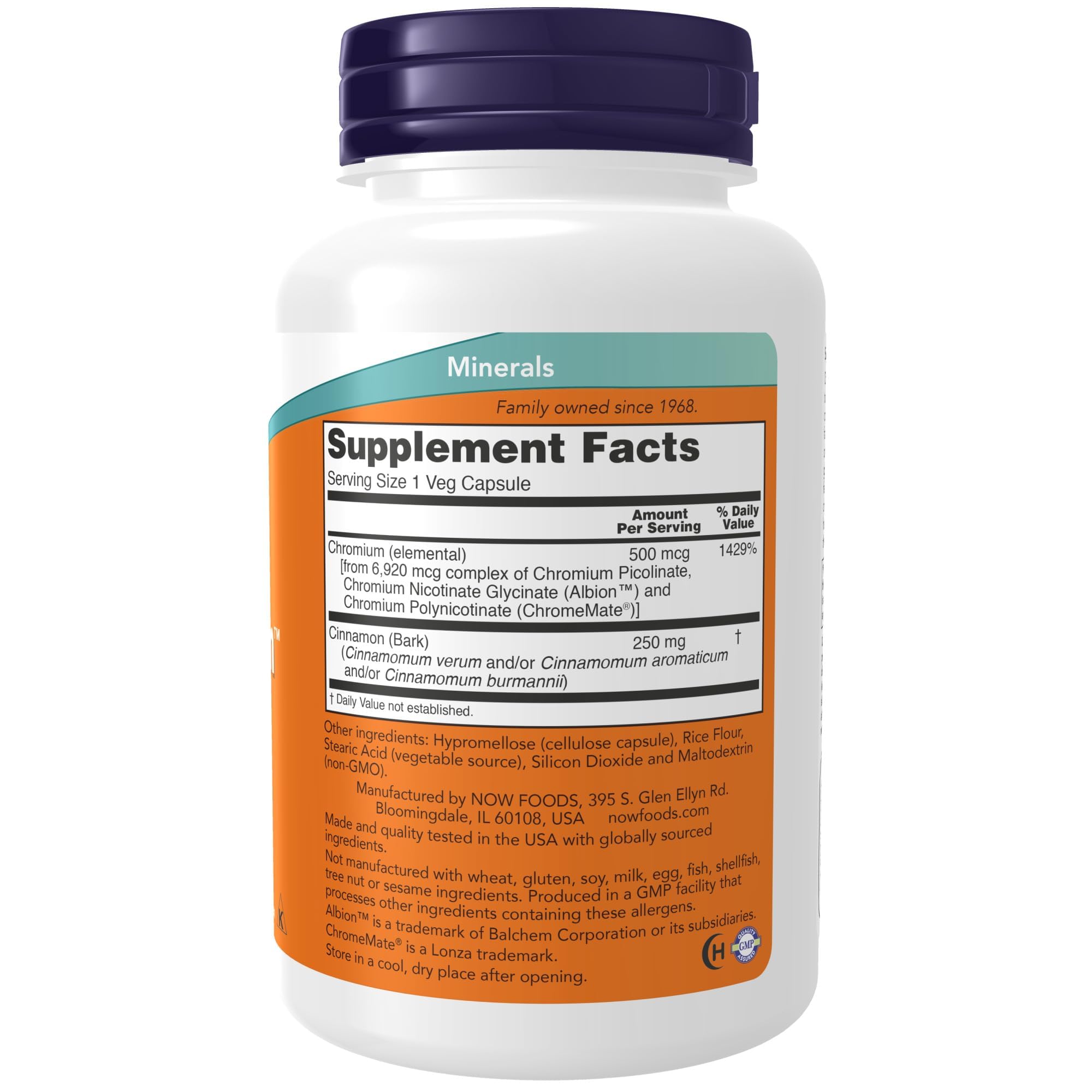NOW Foods Tri Chromium 180 vegetarian capsules supplement facts panel and ingredient list