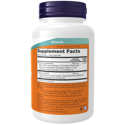 NOW Foods Tri Chromium 180 vegetarian capsules supplement facts panel and ingredient list