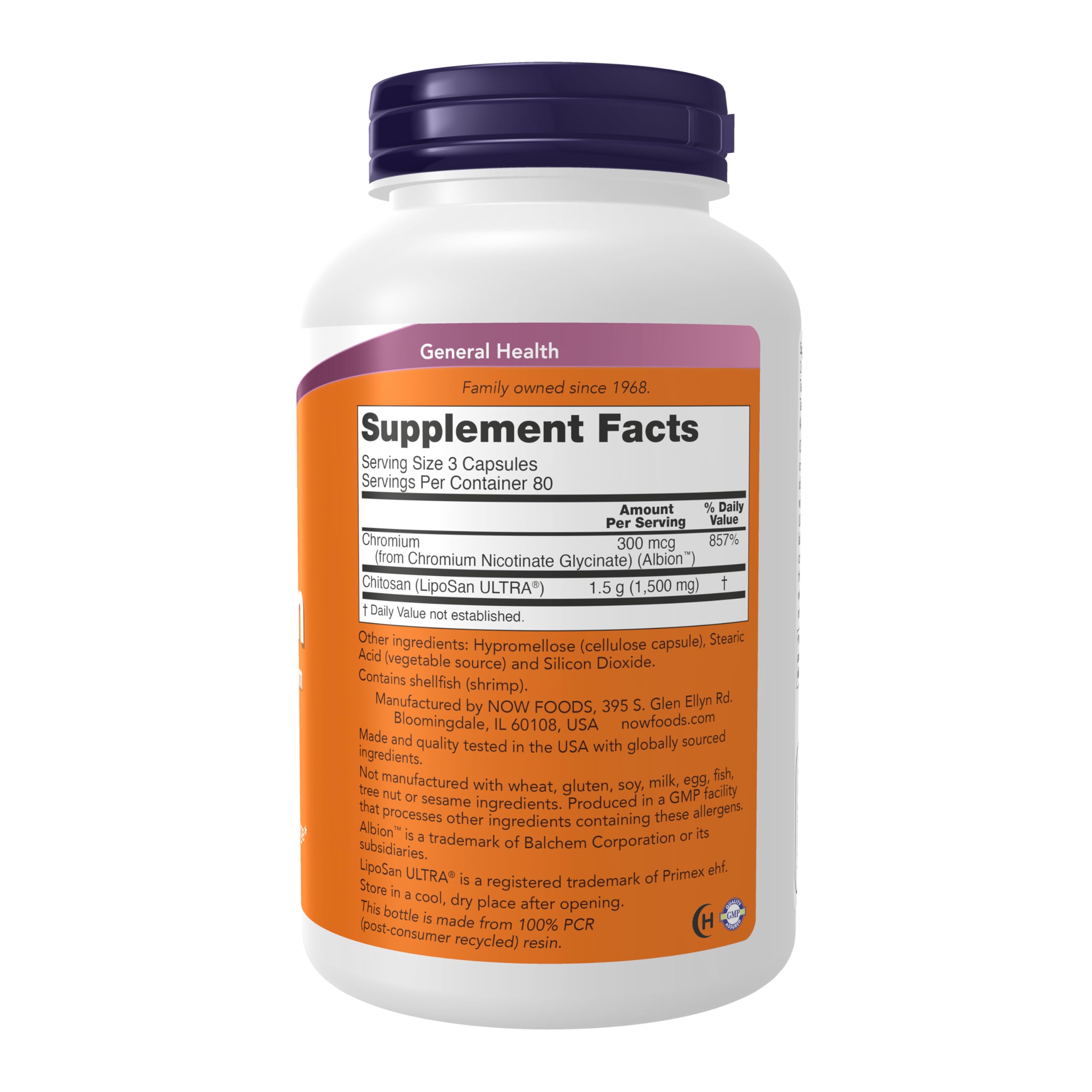 NOW Foods Chitosan 240 vegetable capsules side label showing LipoSan ULTRA ingredients