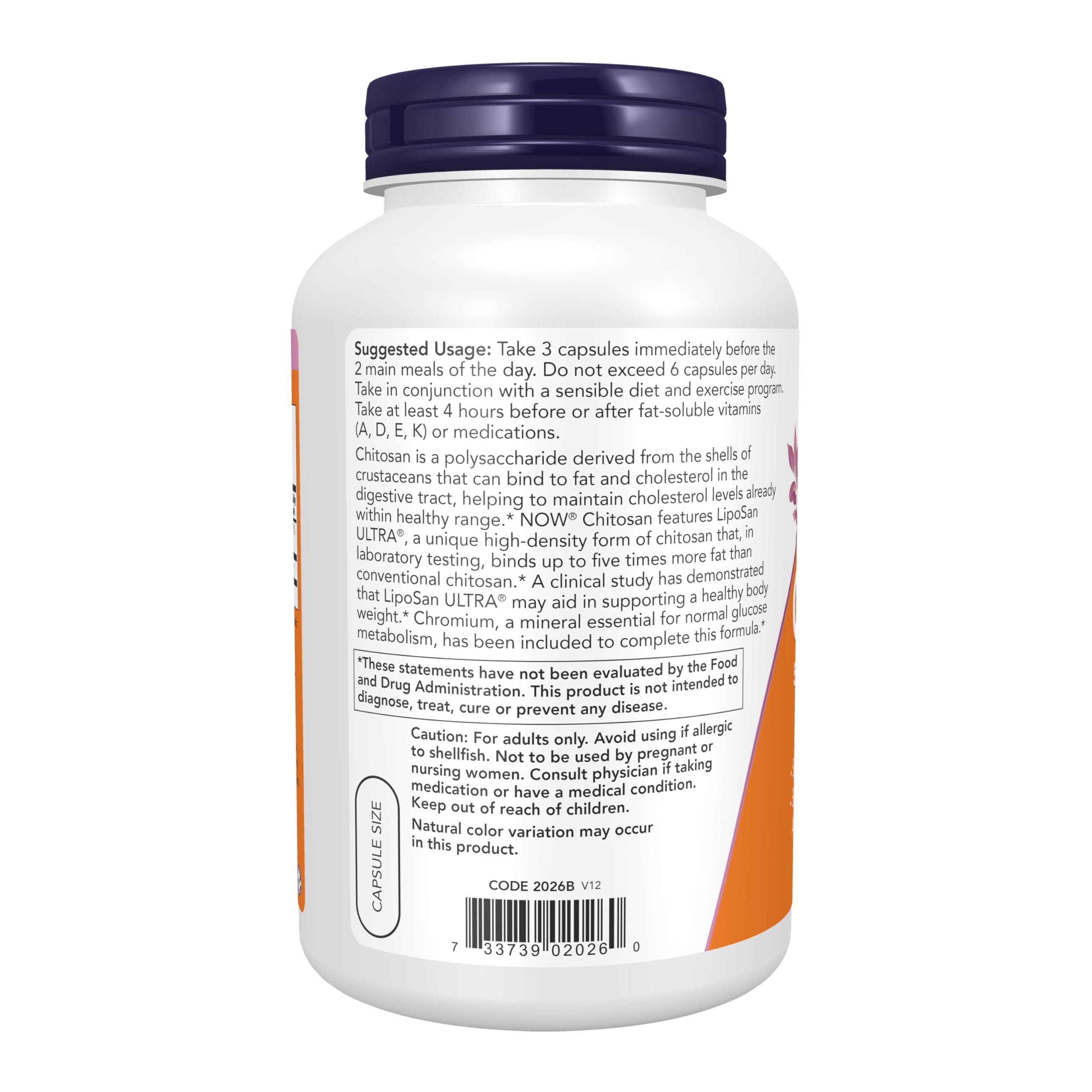 NOW Foods Chitosan Plus Chromium dietary supplement bottle showing allergen warning and serving size