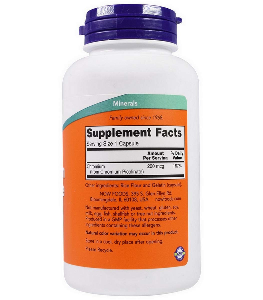 Side angle of Now Foods Chromium Picolinate vegetarian capsules showing nutritional supplement facts.