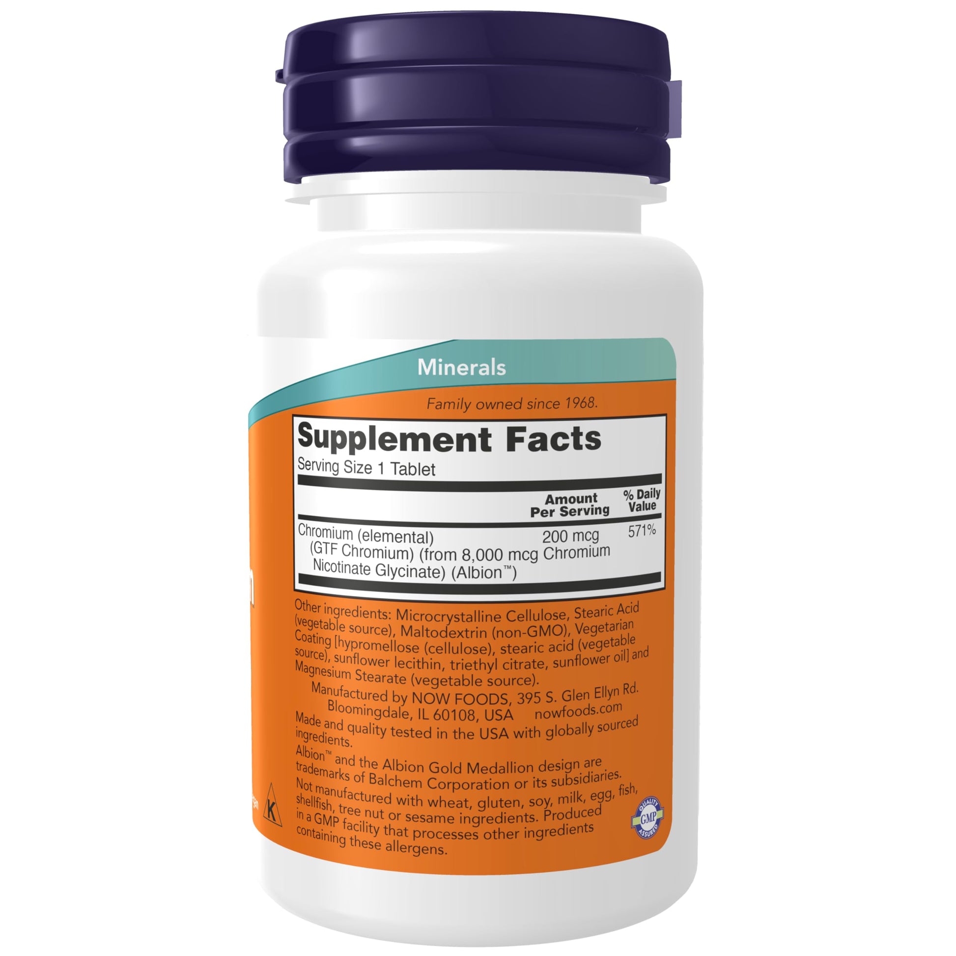 NOW Foods GTF Chromium insulin co factor dietary supplement supplement facts panel and ingredient details