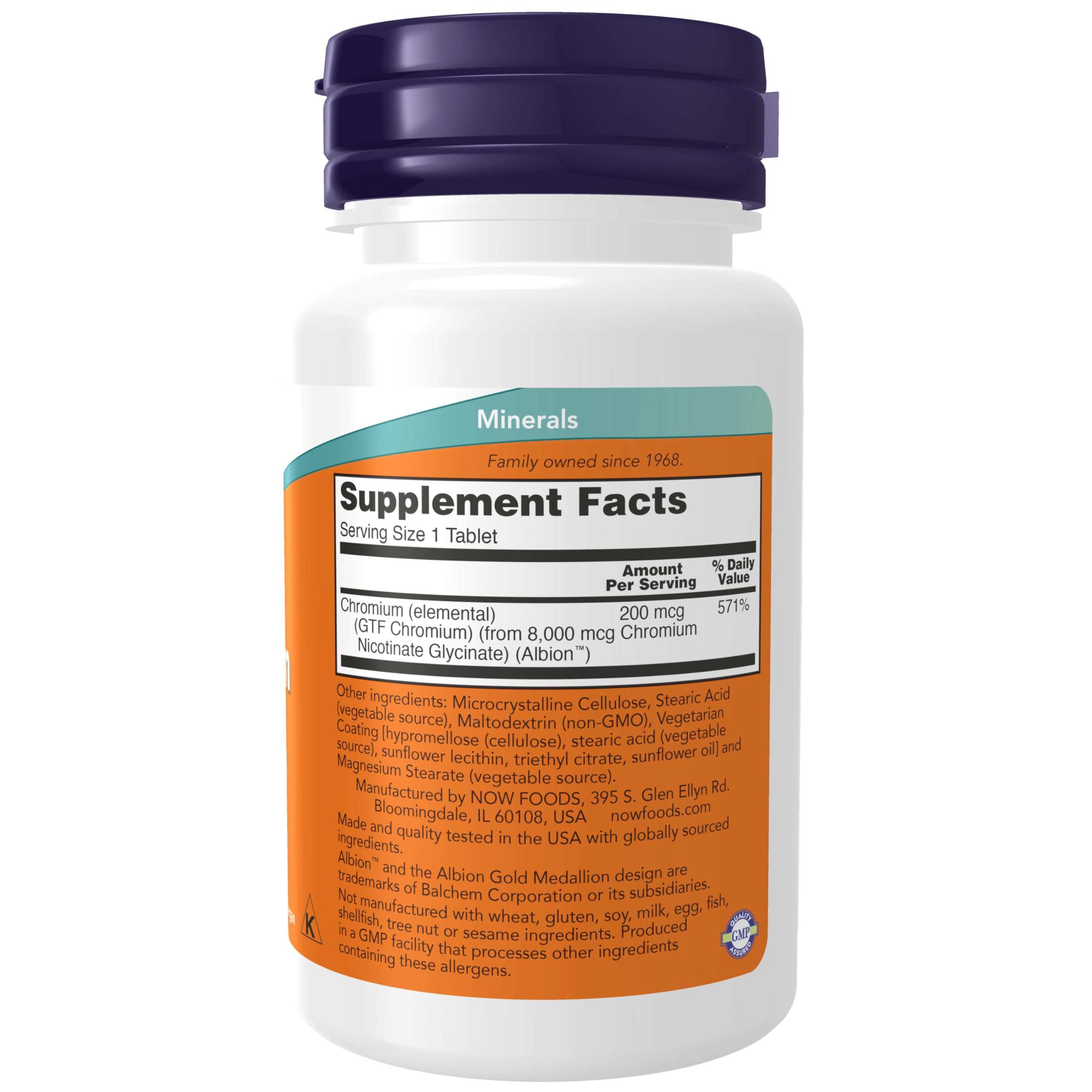 NOW Foods GTF Chromium insulin co factor dietary supplement supplement facts panel and ingredient details