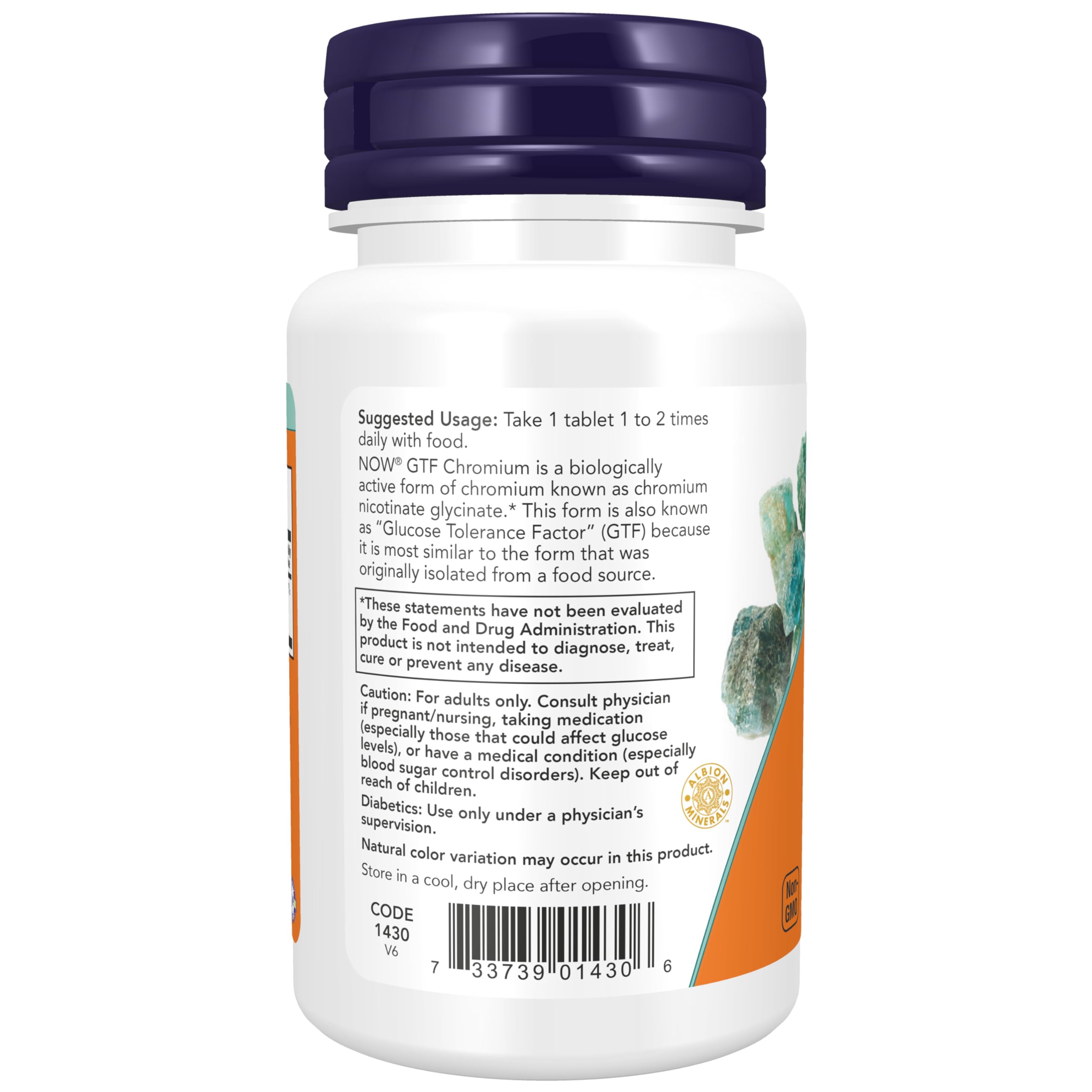 NOW Foods GTF Chromium Chelavite 100 tablets side view showing vegetarian and non GMO certifications