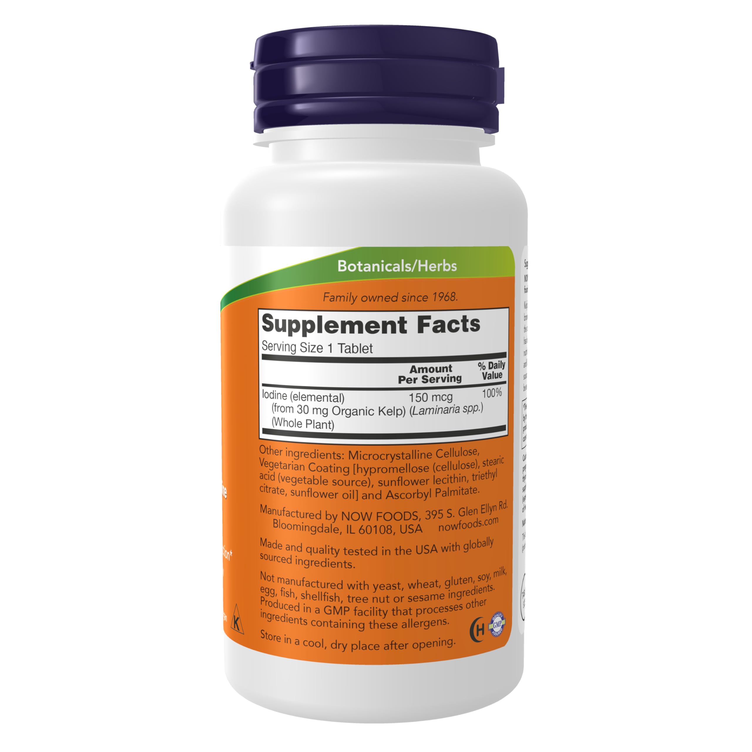 Close up of Now Foods Kelp 150 mcg tablet bottle label