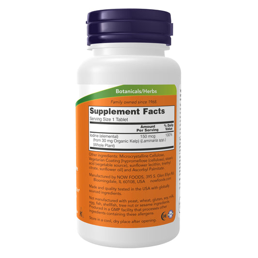 Close up of Now Foods Kelp 150 mcg tablet bottle label