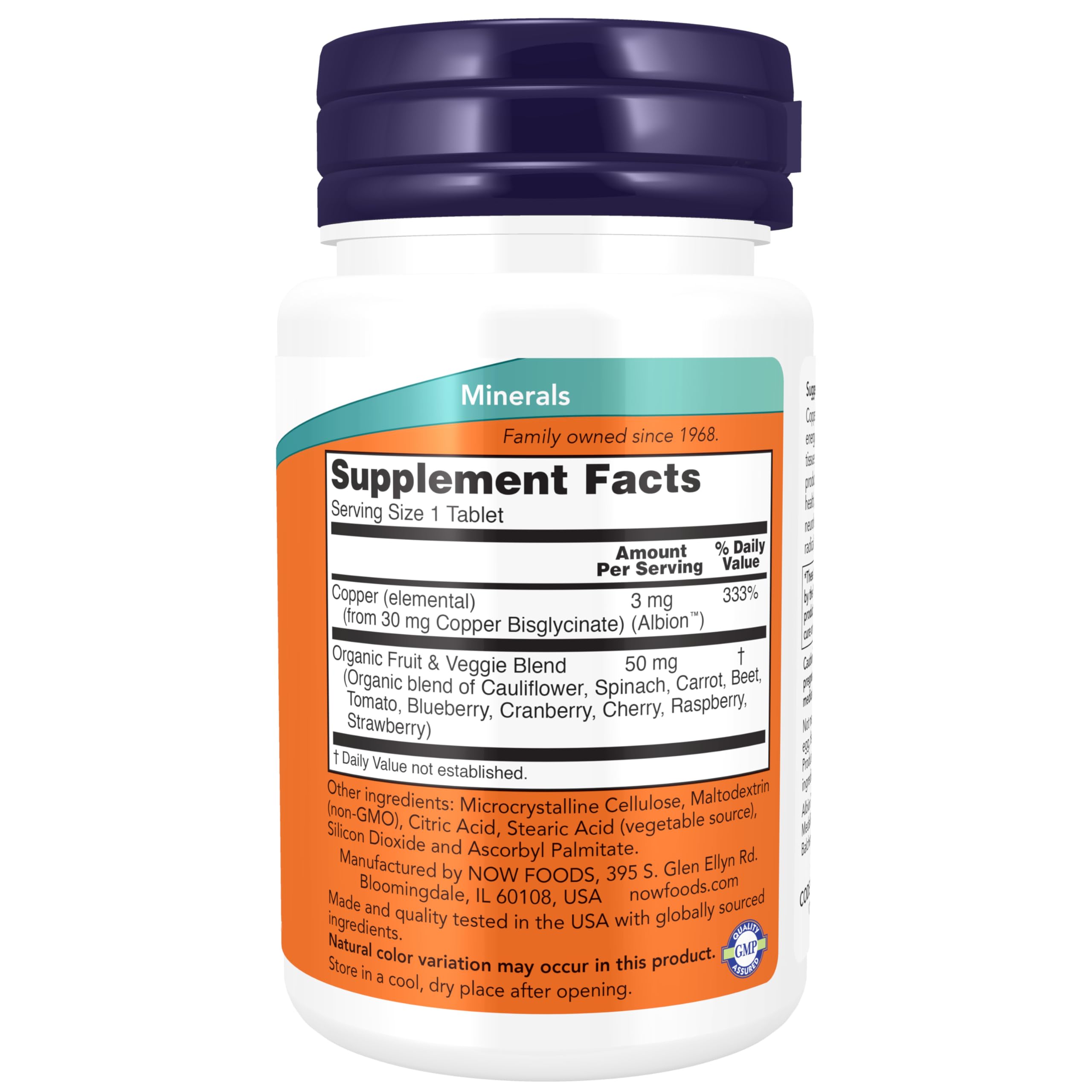 Now Foods Copper Glycinate 120 tablets bottle label details