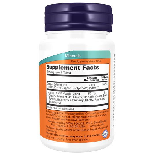 Now Foods Copper Glycinate 120 tablets bottle label details