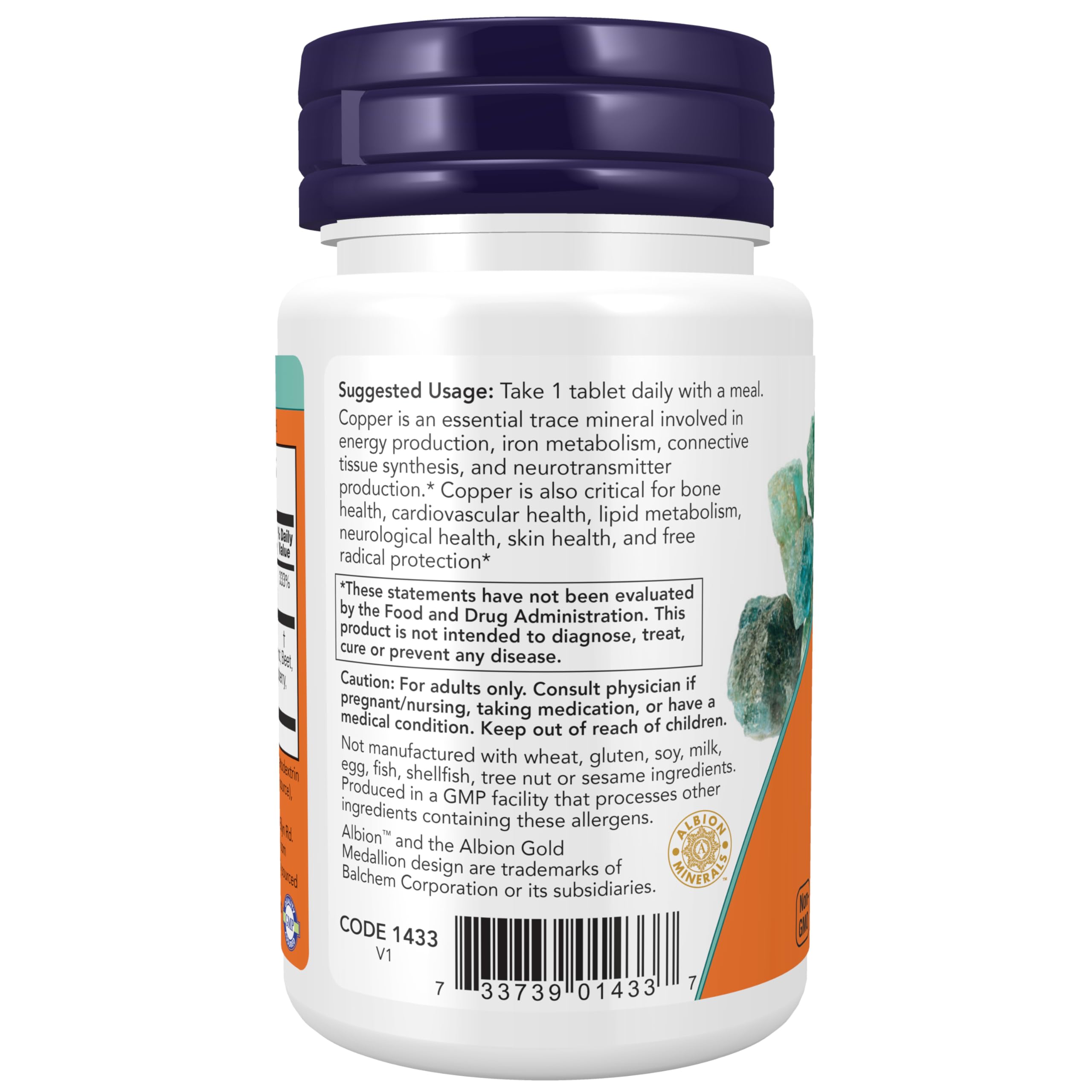 Back side of Now Foods Copper Glycinate bottle showing supplement facts