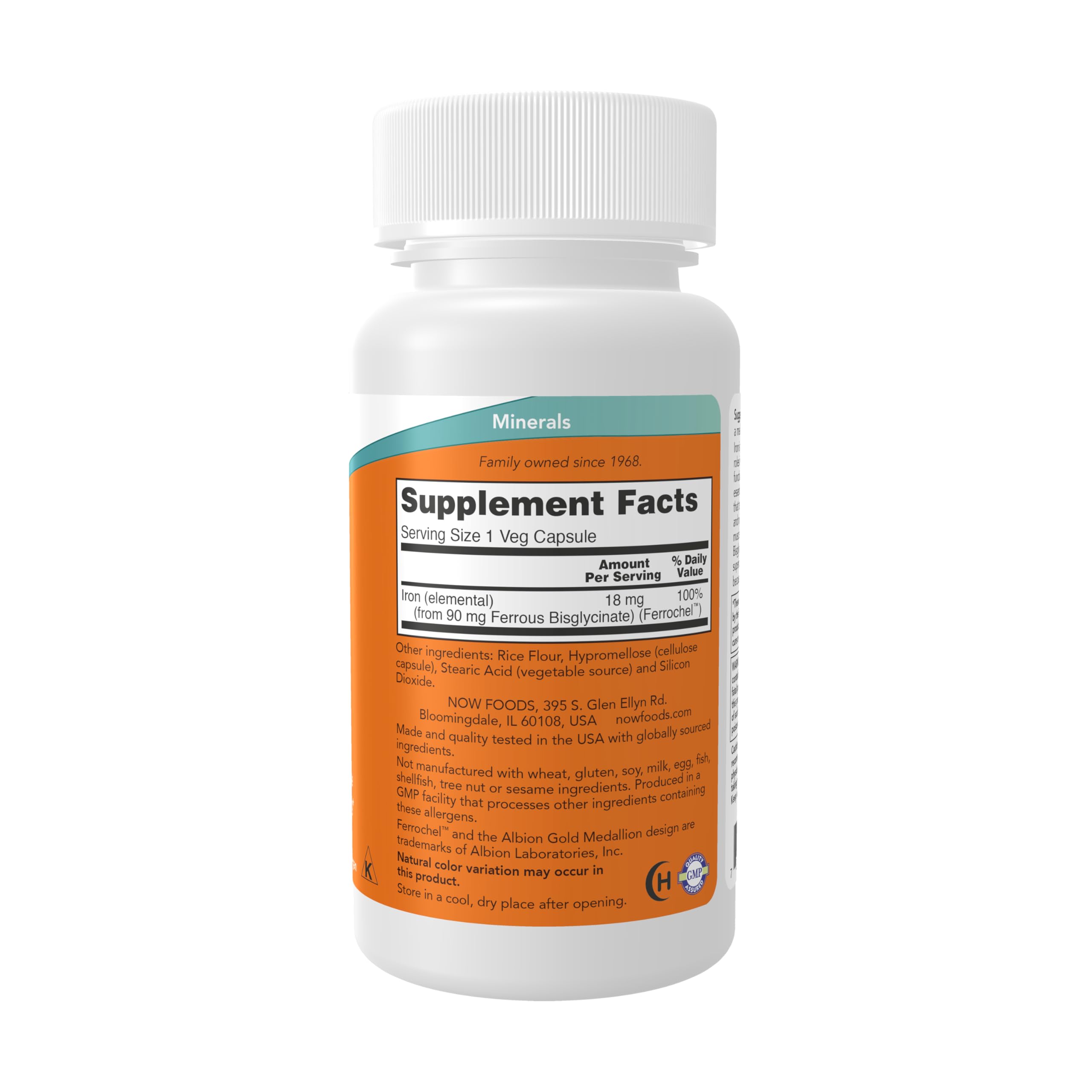 Now Foods Ferrochel Iron Bisglycinate non constipating energy support capsules label details
