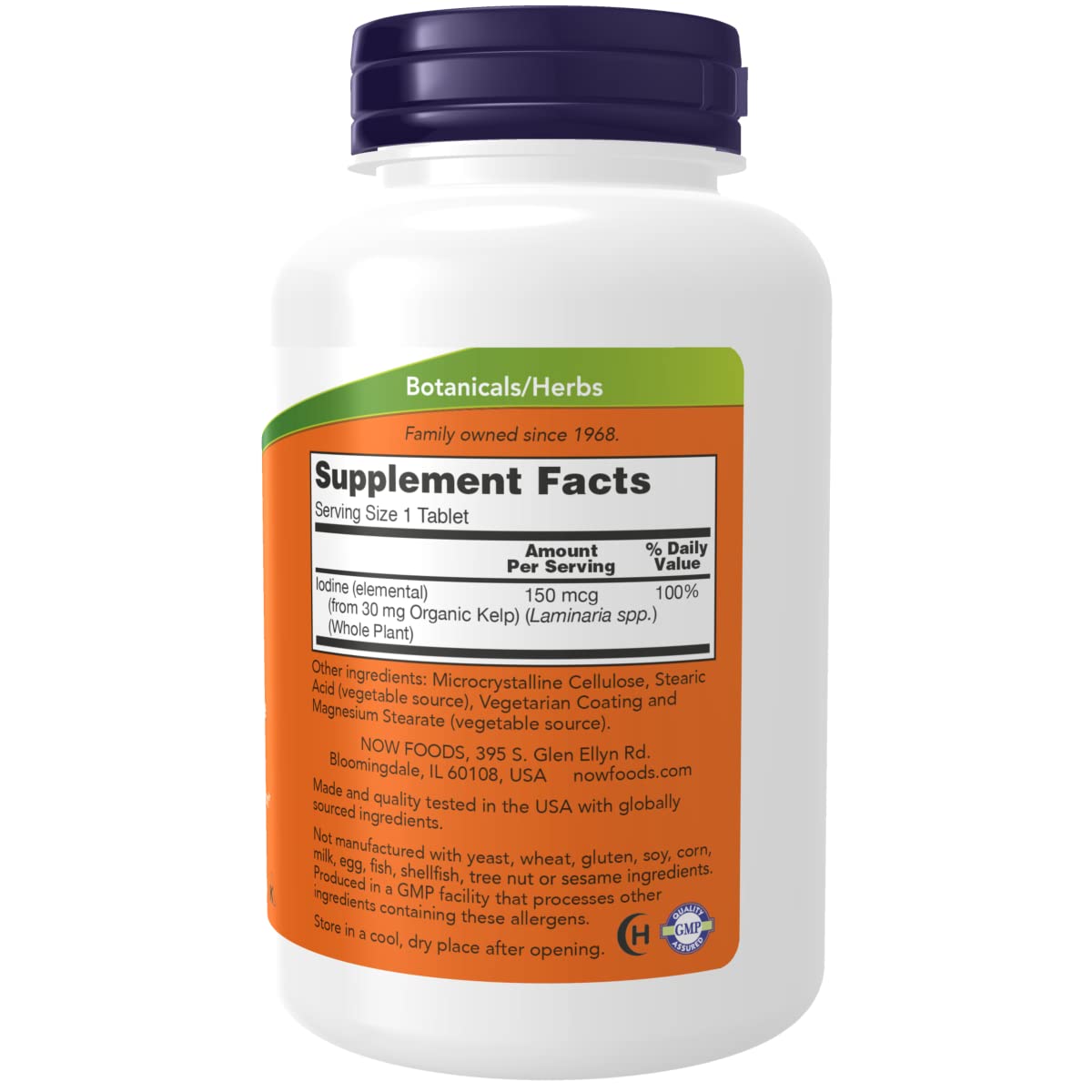 Close up of NOW Foods Kelp 200 tablets label details