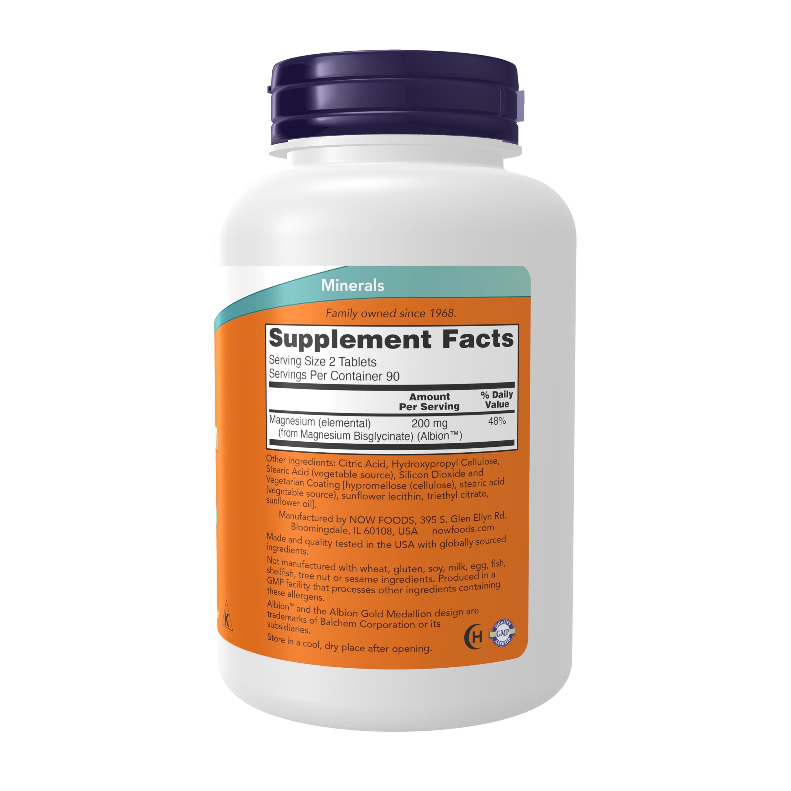 Side view of NOW Foods Magnesium supplement bottle highlighting nervous system support benefits.
