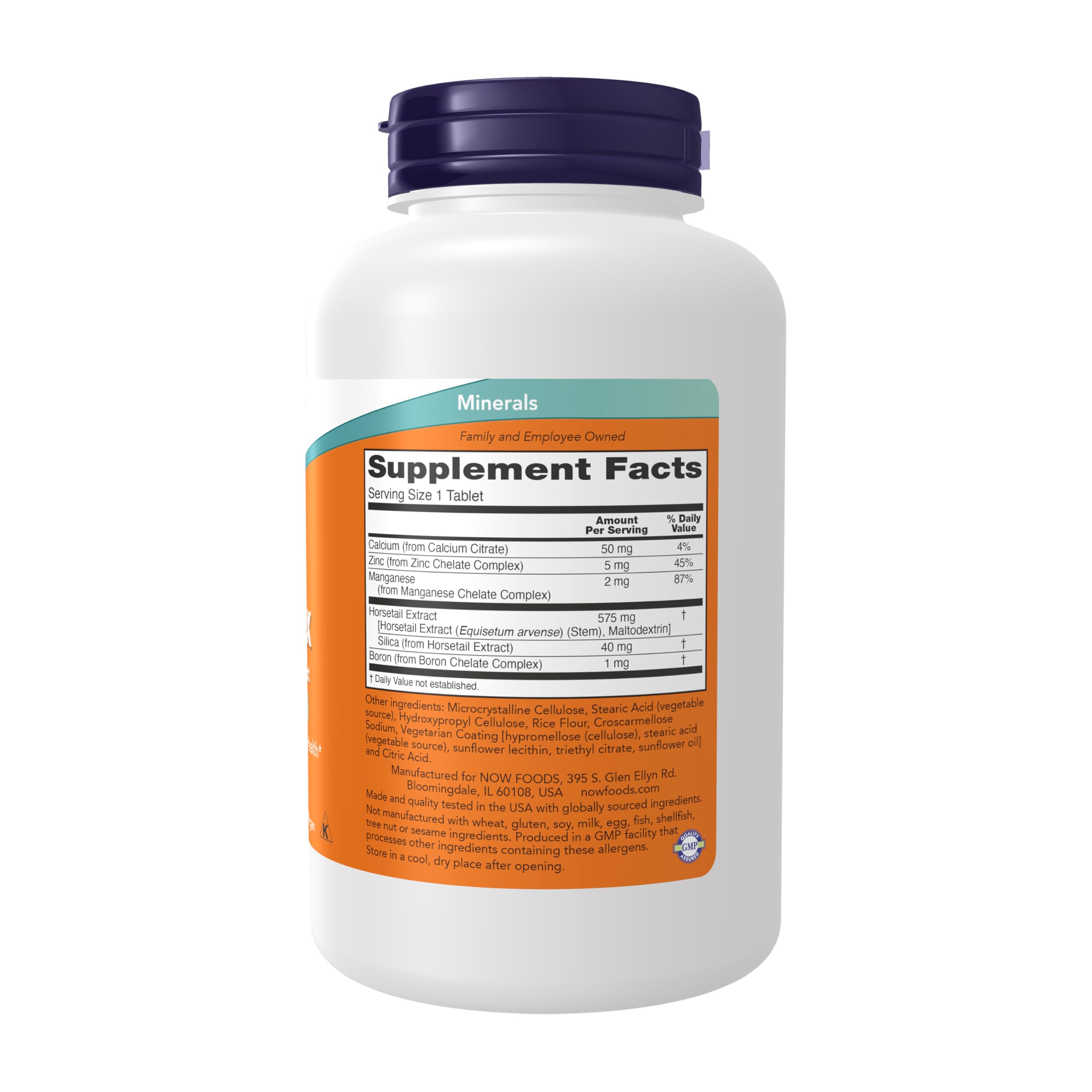 Now Foods Silica Complex supplement facts table showing horsetail extract and zinc levels