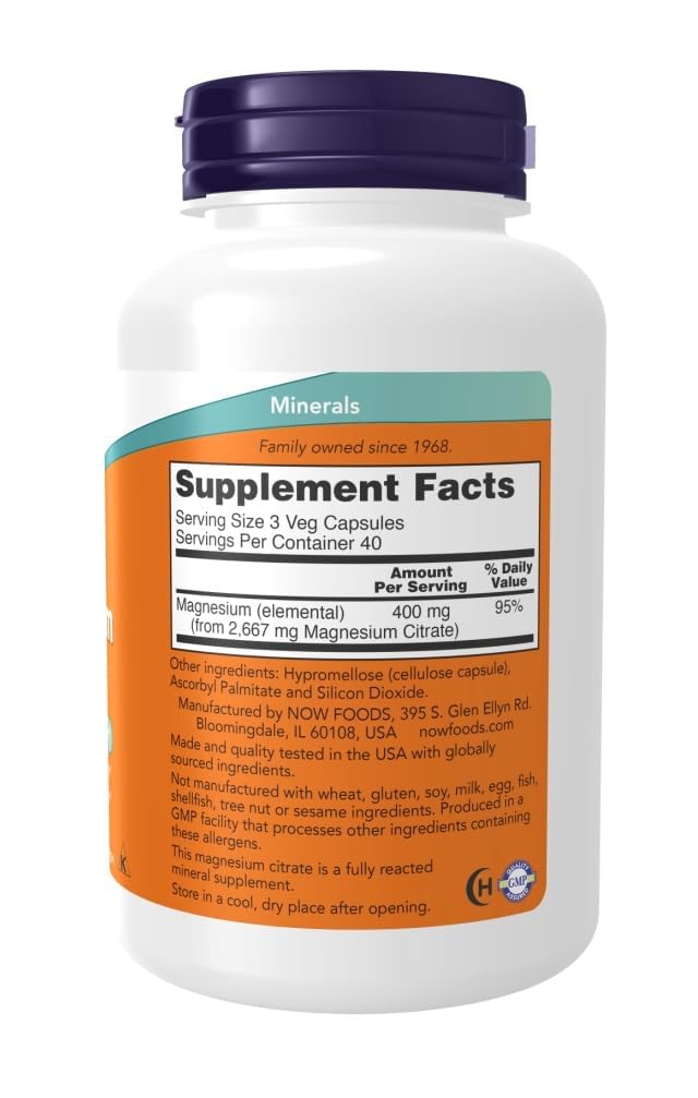 NOW Foods Magnesium Citrate dietary supplement label and supplement facts window