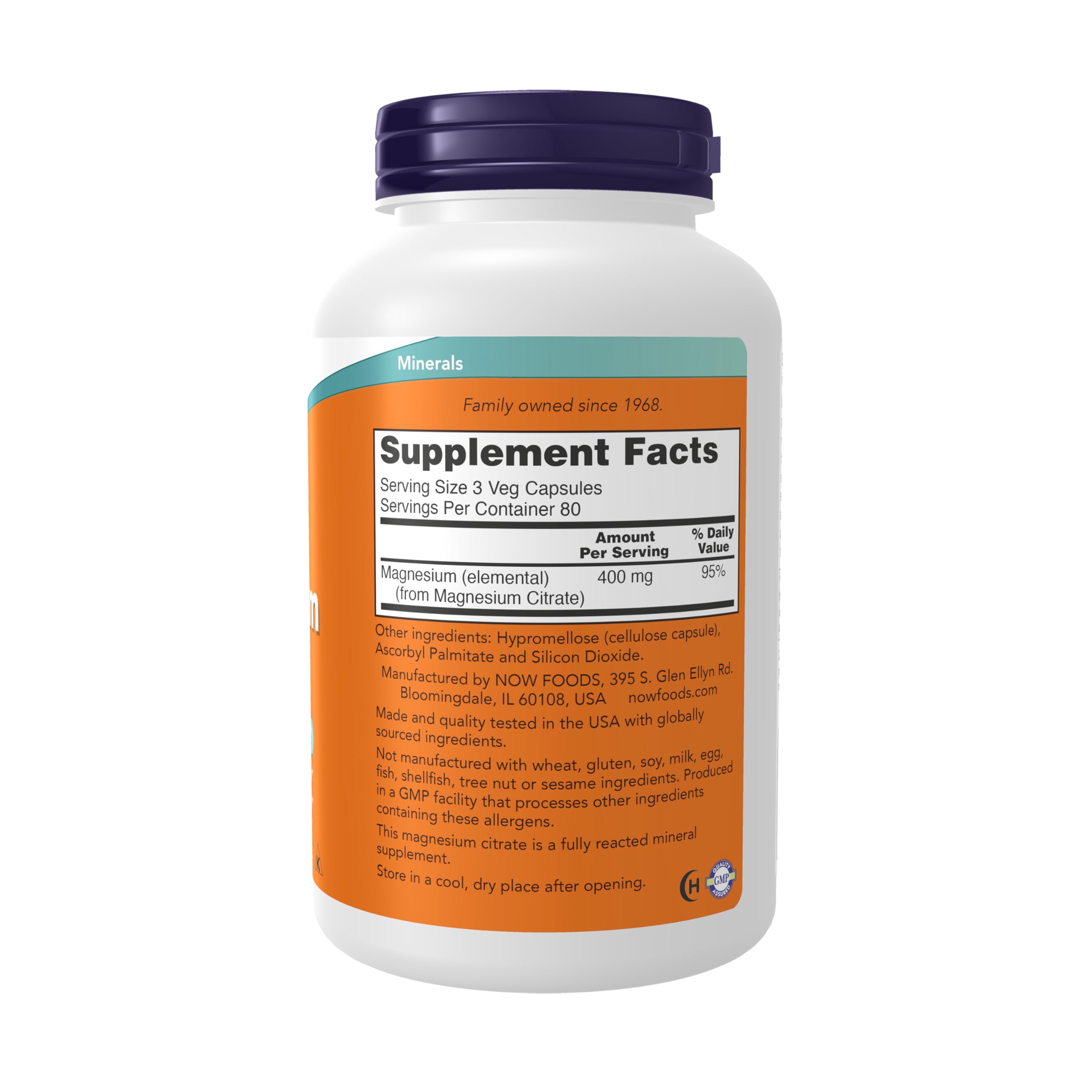 NOW Foods Magnesium Citrate unflavored vegetarian capsules pouring out of bottle