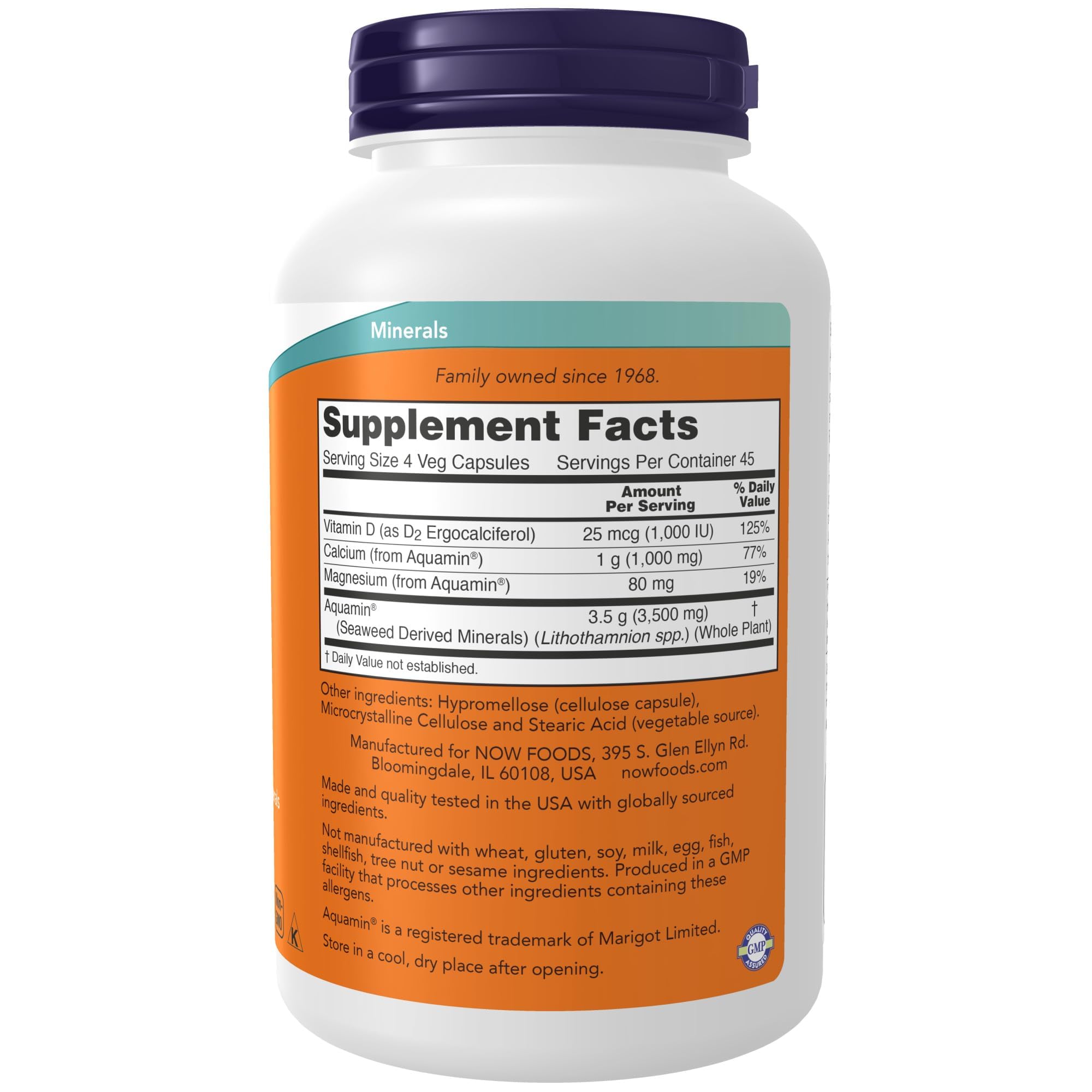 NOW Foods plant based calcium supplement back label showing Aquamin ingredient facts
