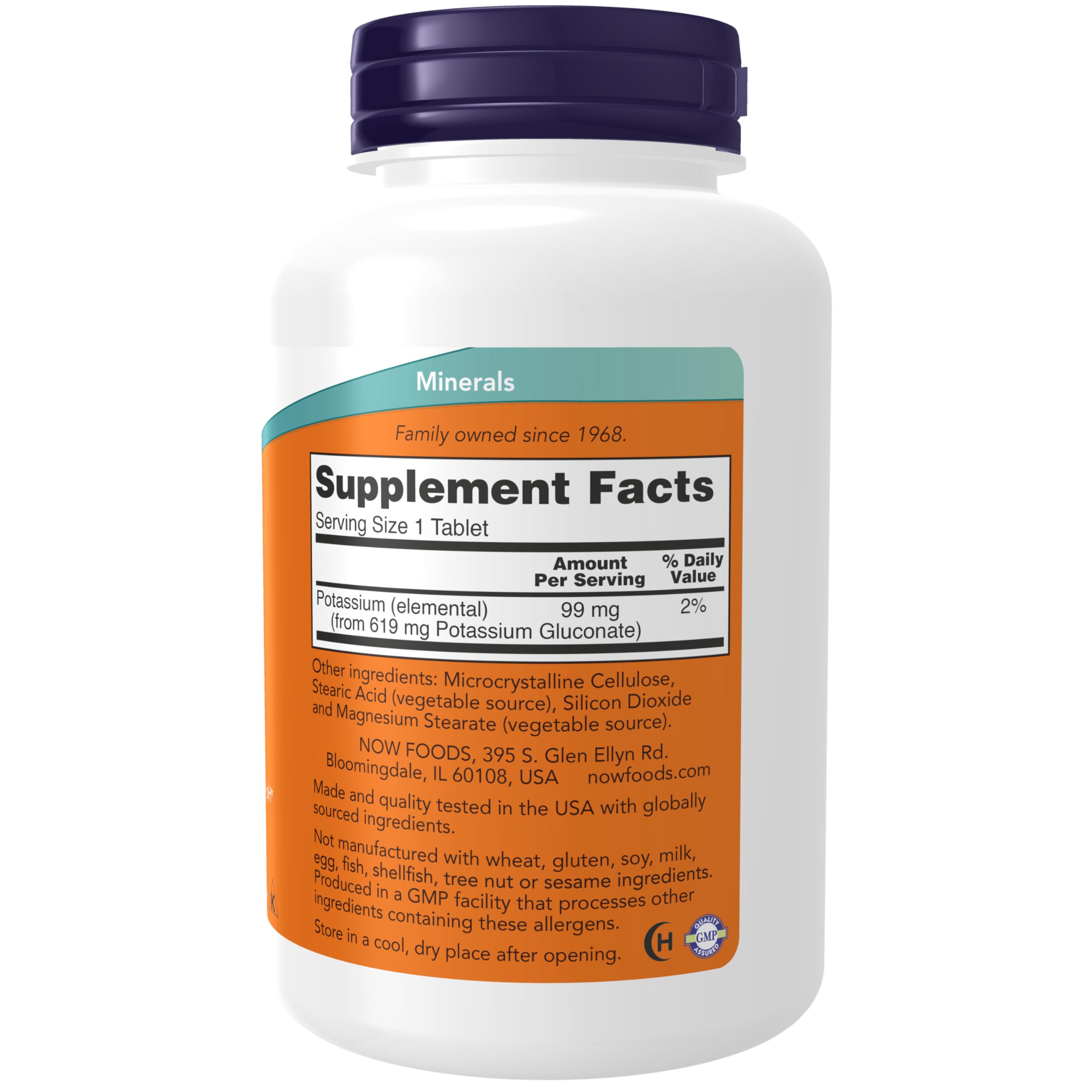 Now Foods Potassium Gluconate supplement bottle label details
