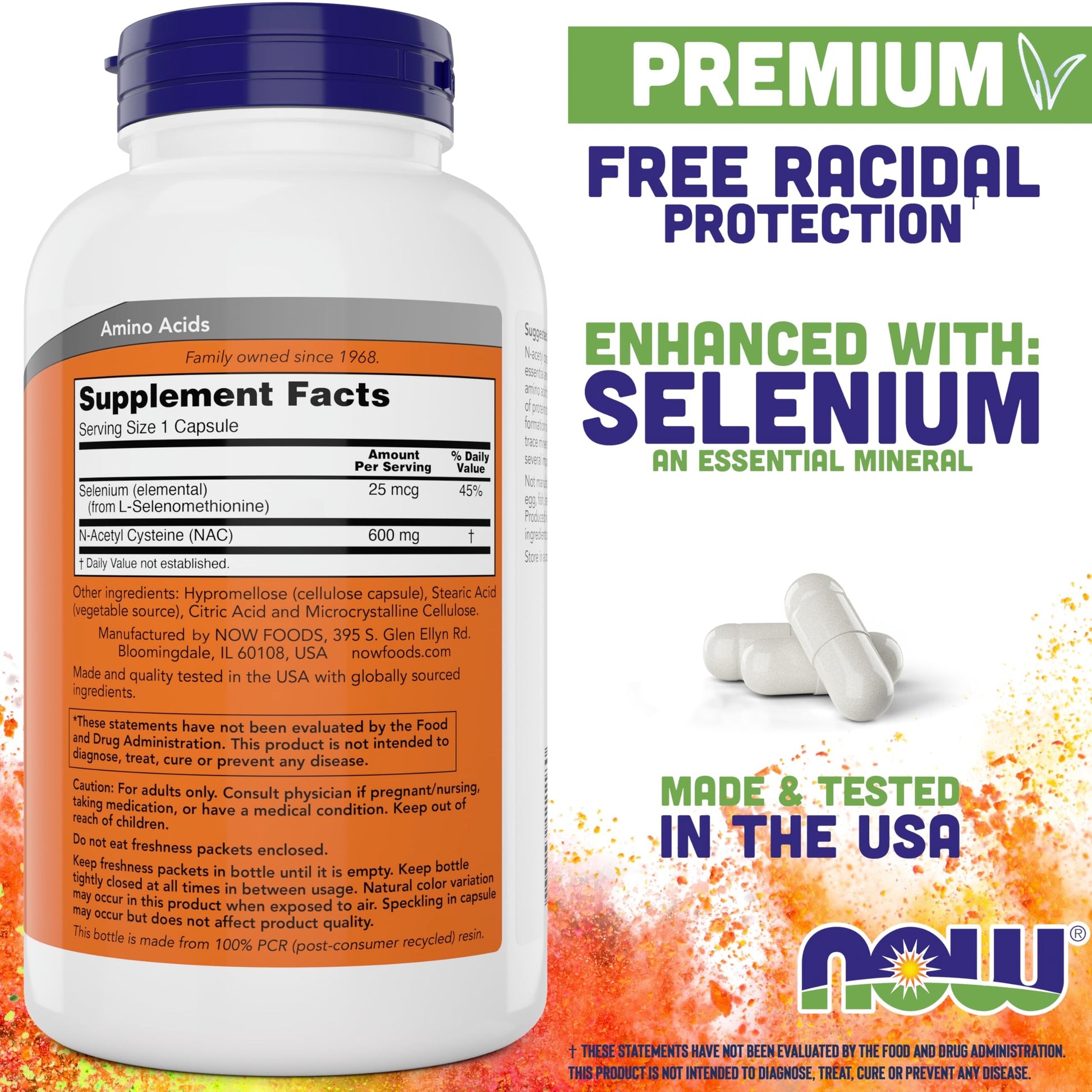 NOW Foods N-Acetyl Cysteine with Selenium bottle ingredients and supplement facts panel