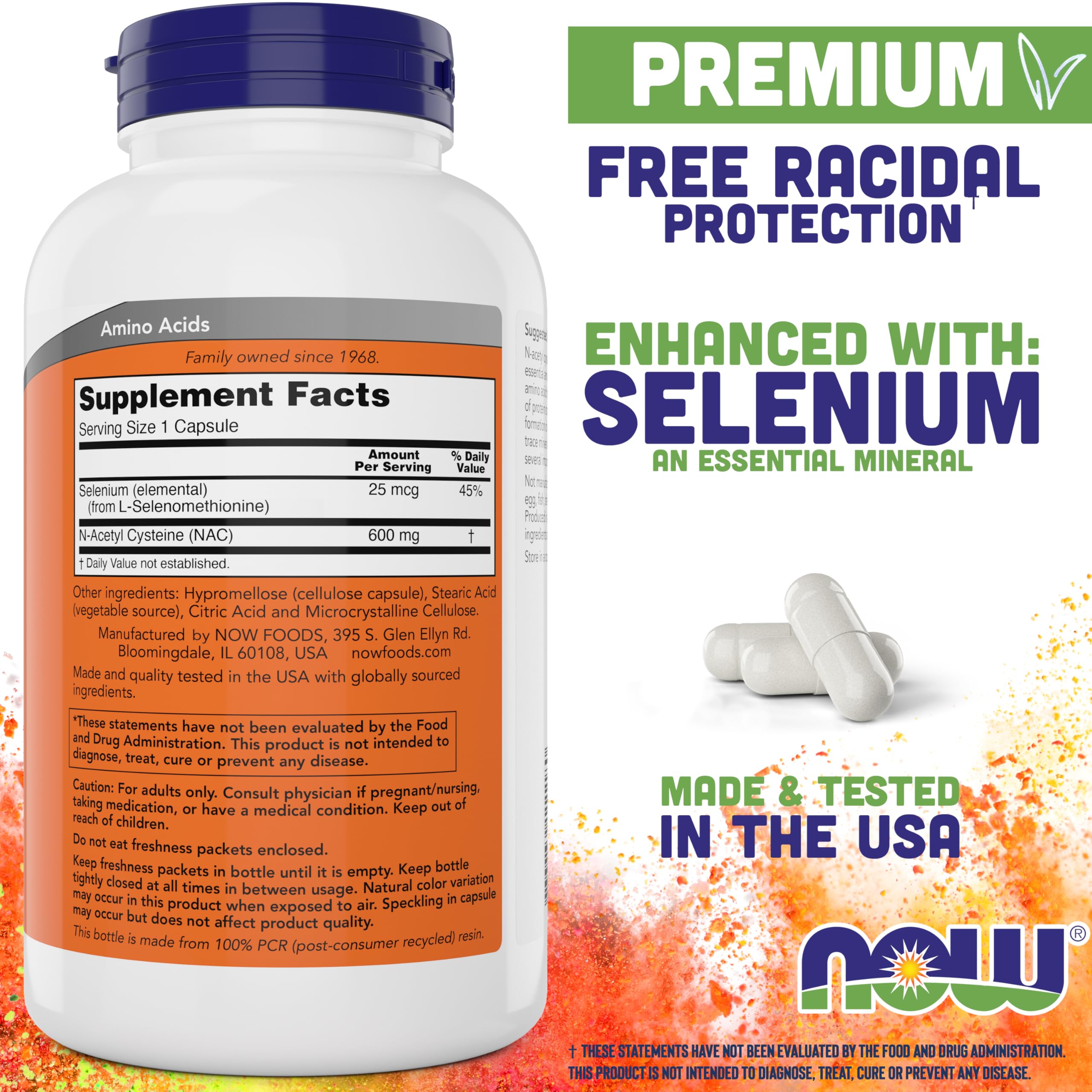 NOW Foods N-Acetyl Cysteine with Selenium bottle ingredients and supplement facts panel