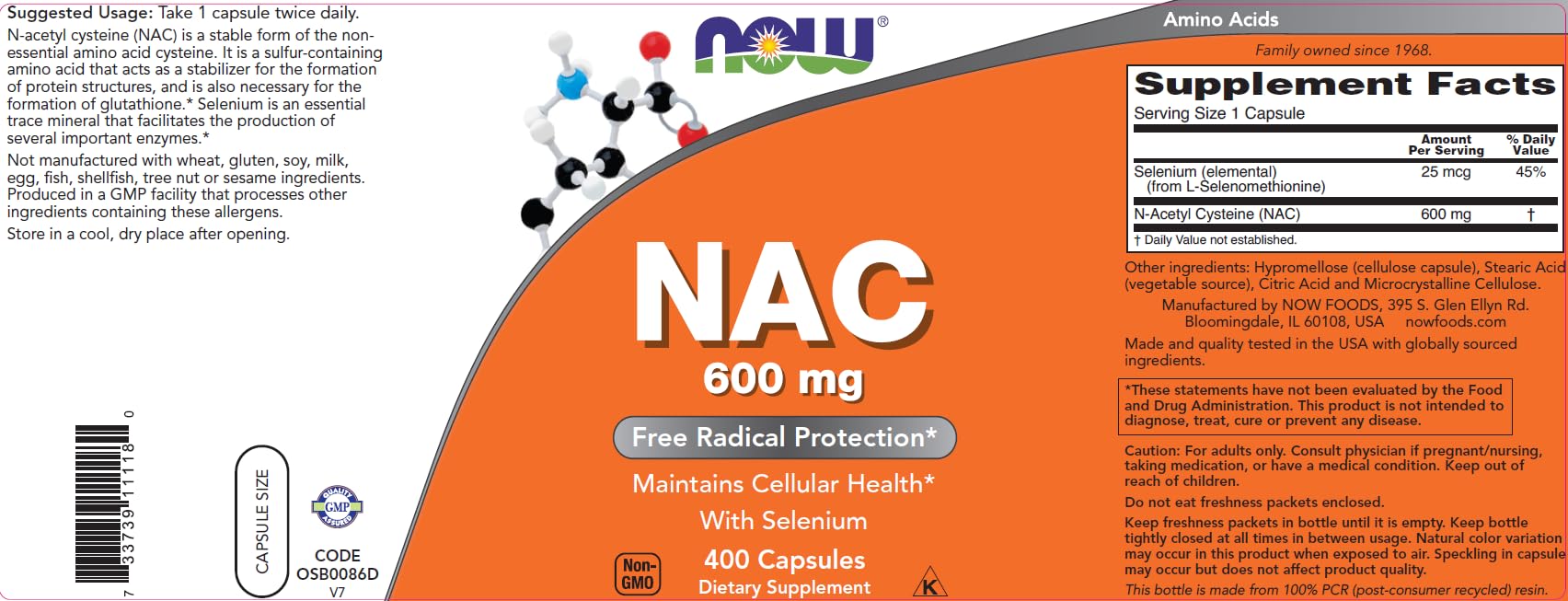 NOW Foods vegetarian NAC capsules bottle showing non-GMO and gluten-free seals