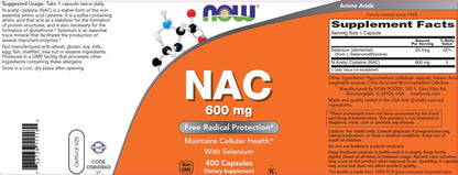 NOW Foods vegetarian NAC capsules bottle showing non-GMO and gluten-free seals