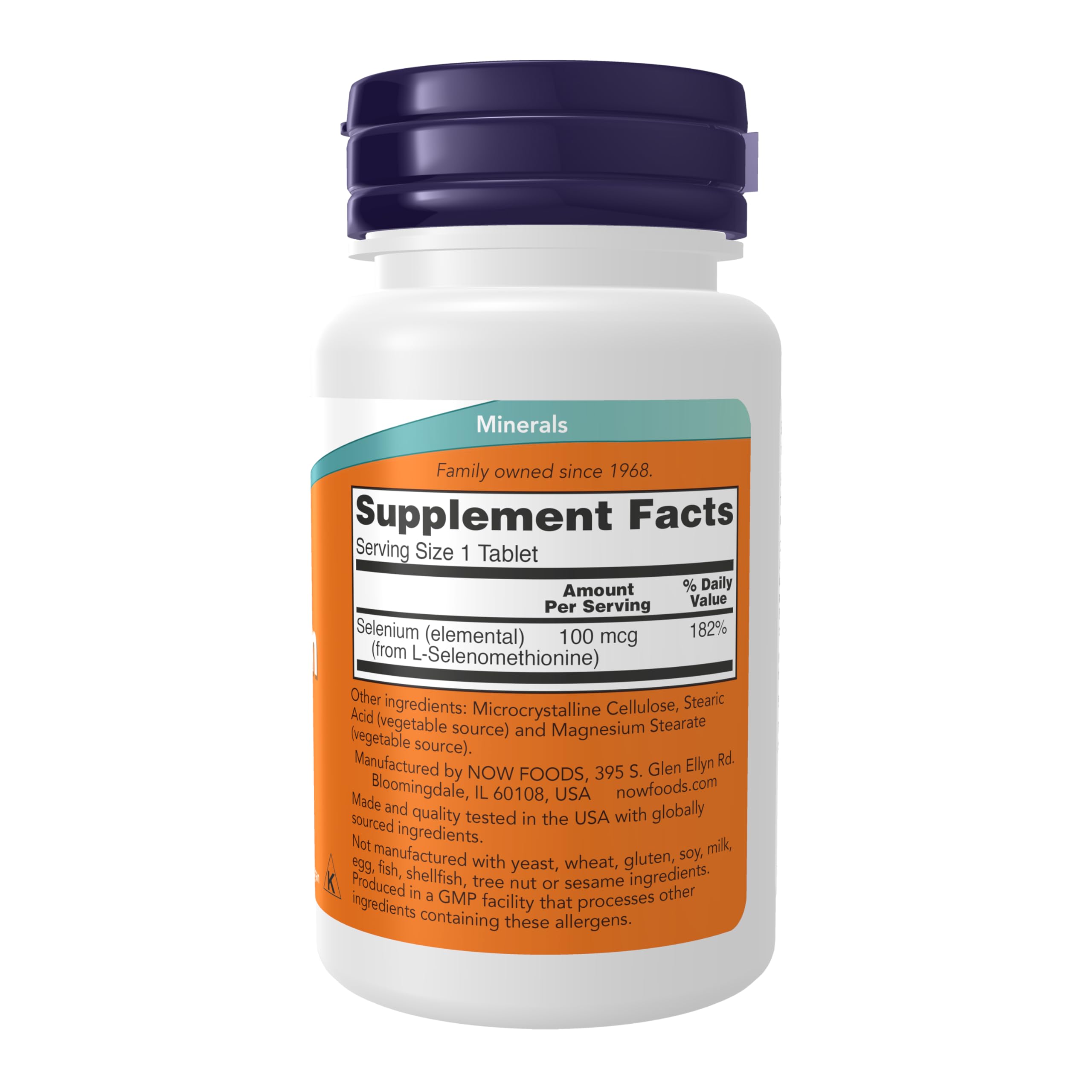 NOW Foods Selenium L-Selenomethionine packaging showing yeast-free mineral supplement details.