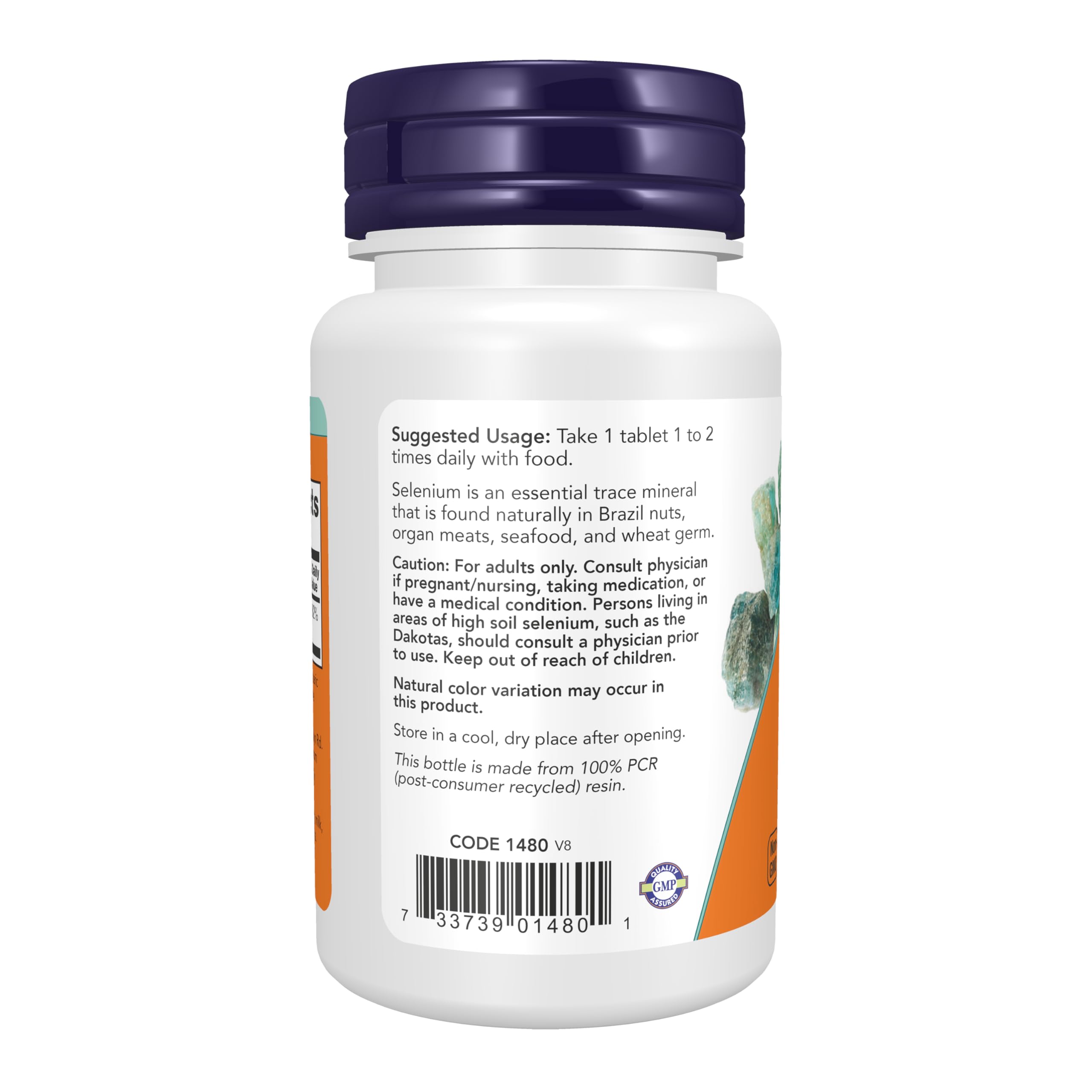 Supplement facts label on the reverse side of NOW Foods Selenium 100mcg tablets.