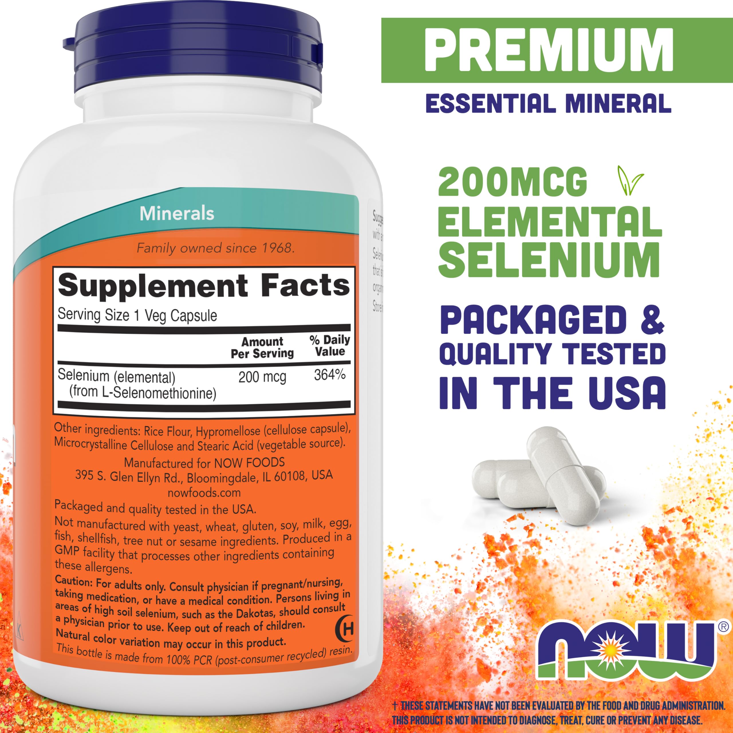 NOW Foods Selenium L-Selenomethionine supplement facts label side view