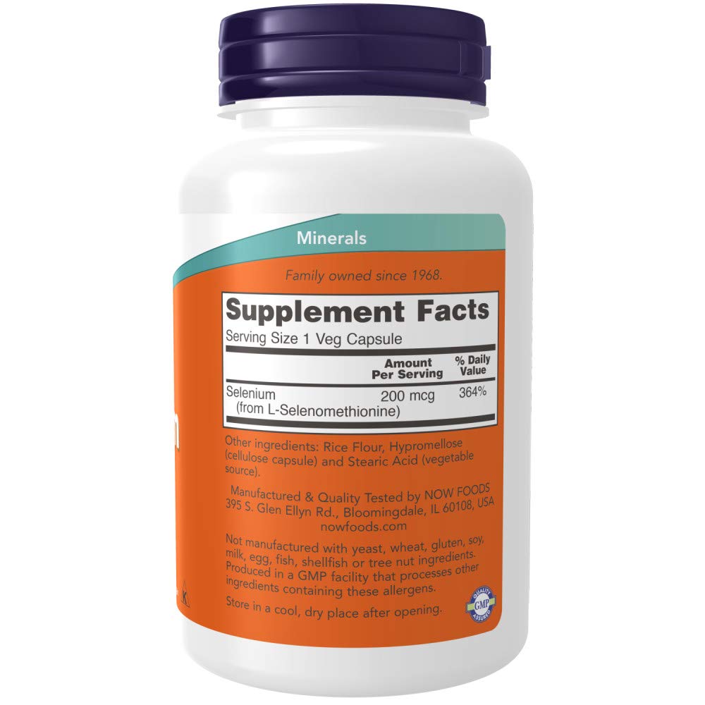 NOW Foods Selenium essential trace mineral supplement showing ingredients label and dosage instructions