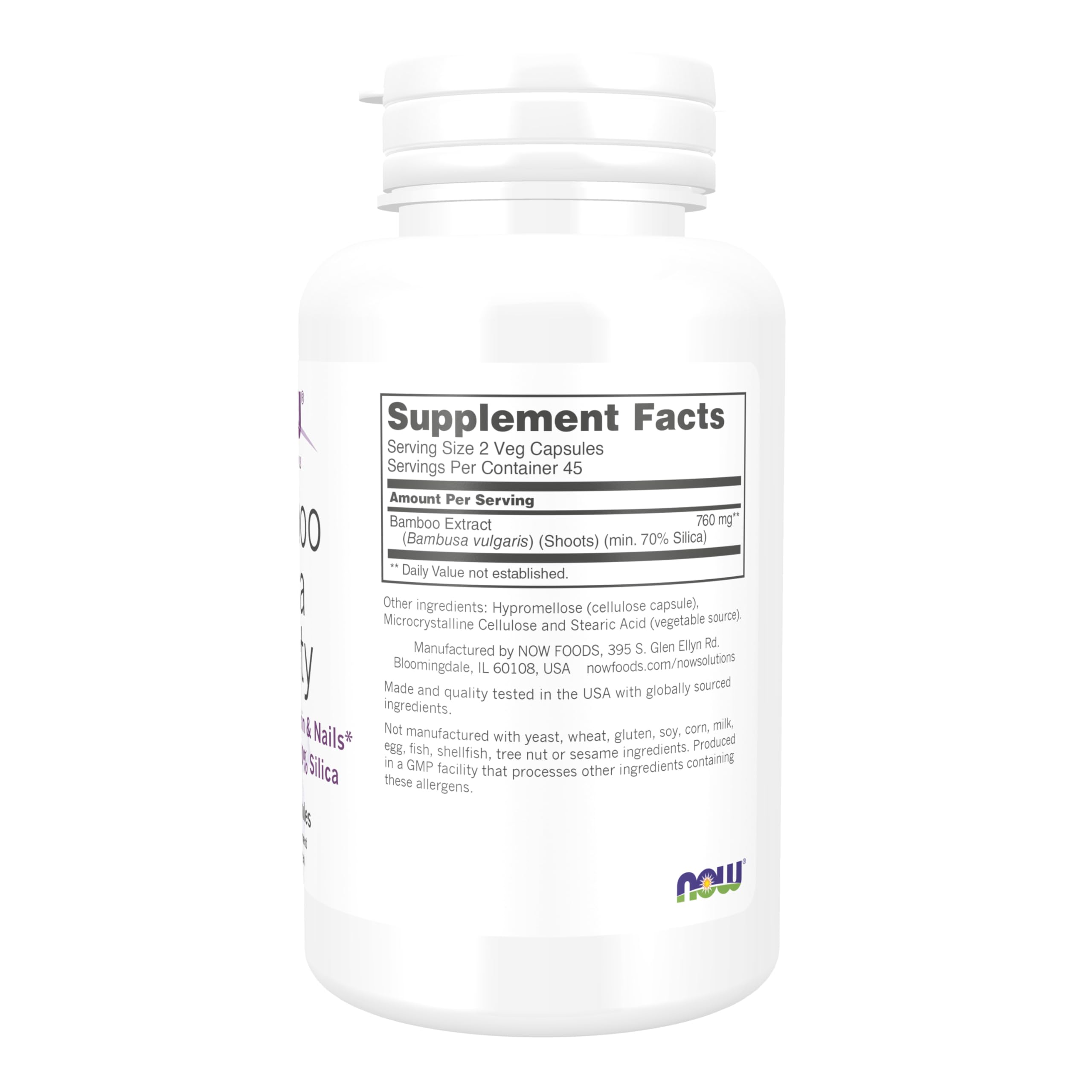 Now Foods Bamboo Silica Beauty supplement bottle label details