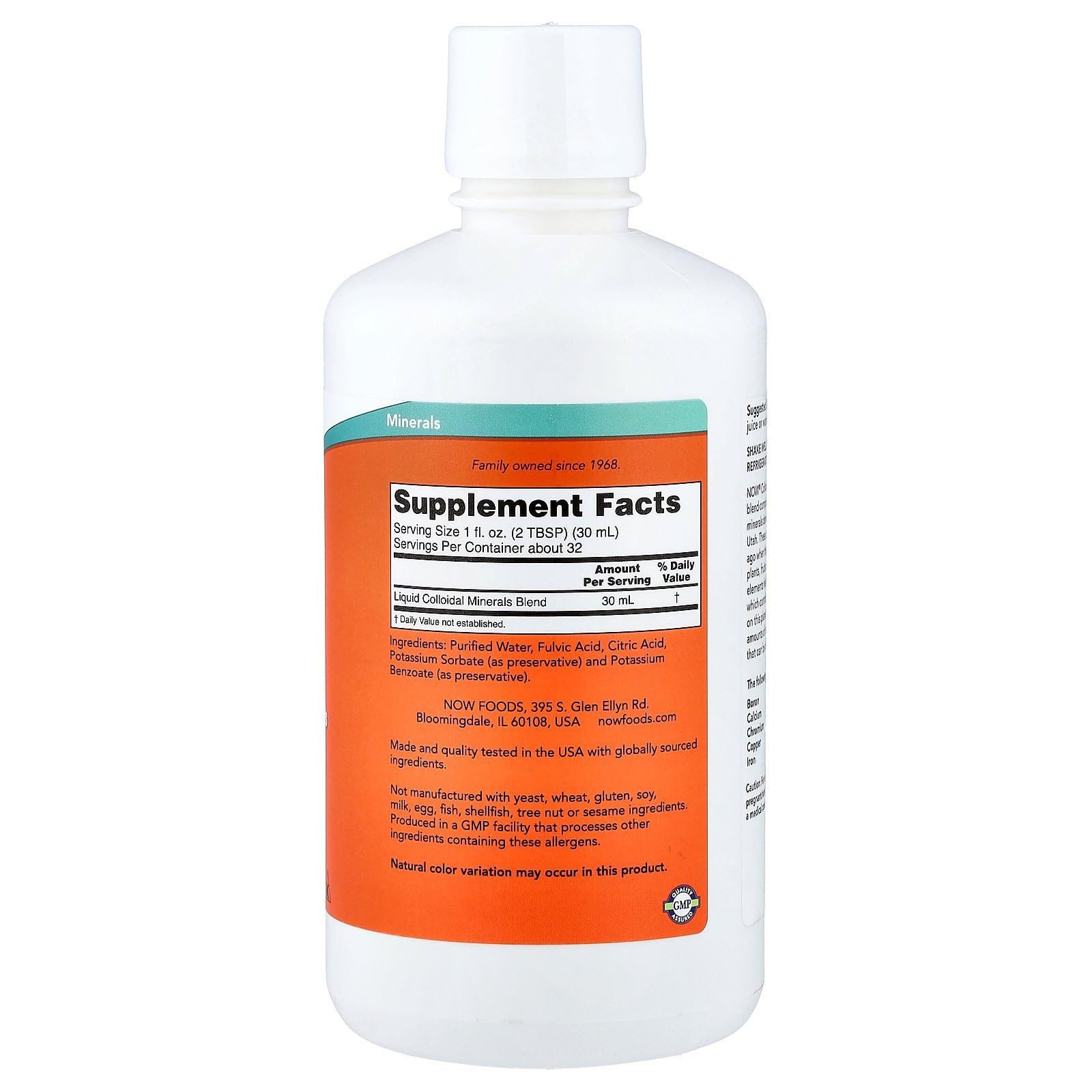 Side angle of NOW Foods liquid trace minerals supplement bottle indicating fulvic acid and water soluble features.