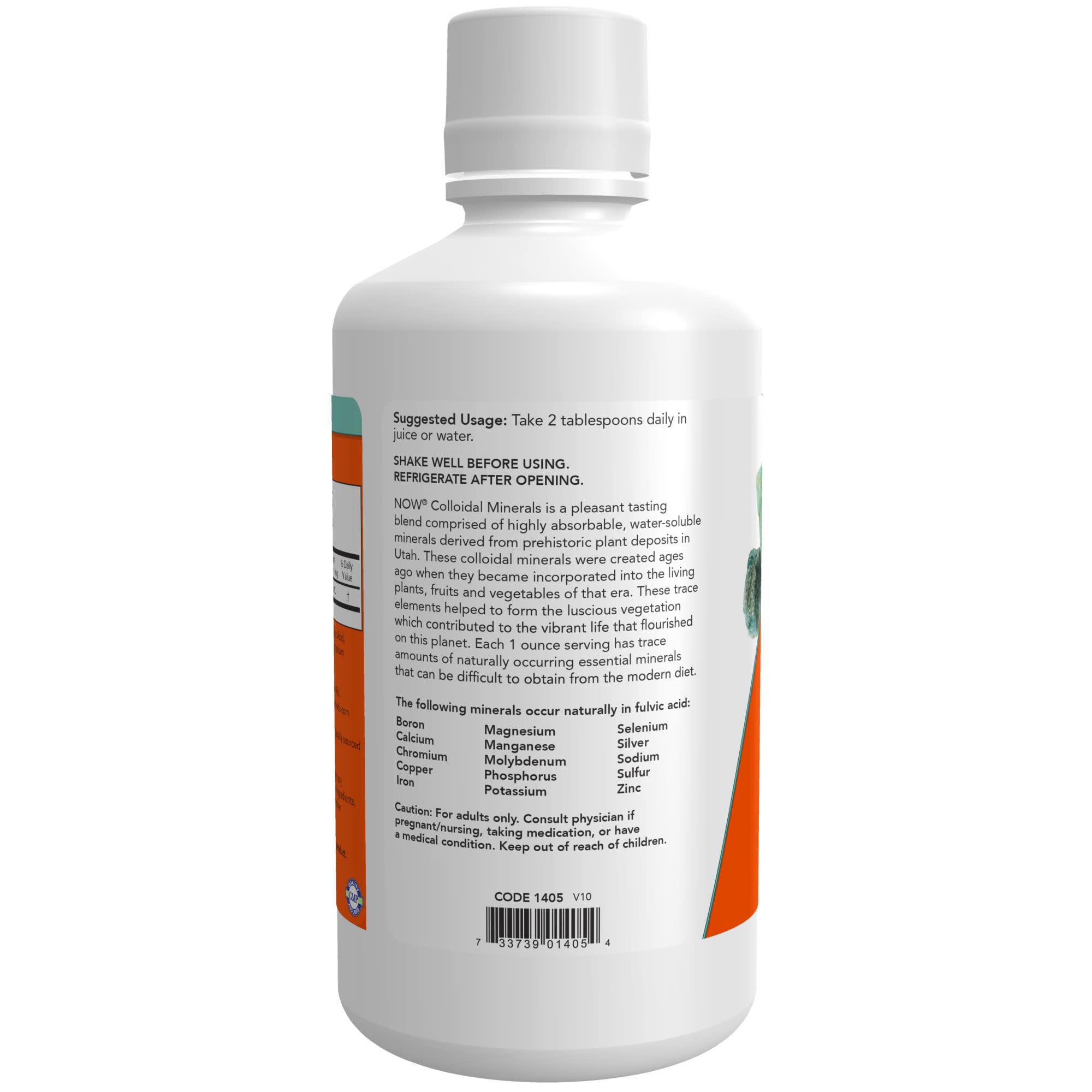 Back label view of NOW Foods Colloidal Minerals 32 Ounce highlighting the supplement facts and FSSAI importer license info.
