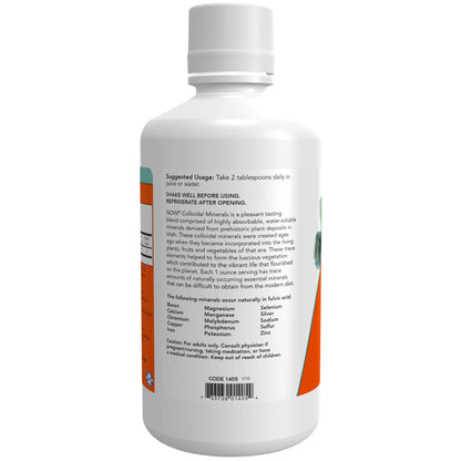 Back label view of NOW Foods Colloidal Minerals 32 Ounce highlighting the supplement facts and FSSAI importer license info.
