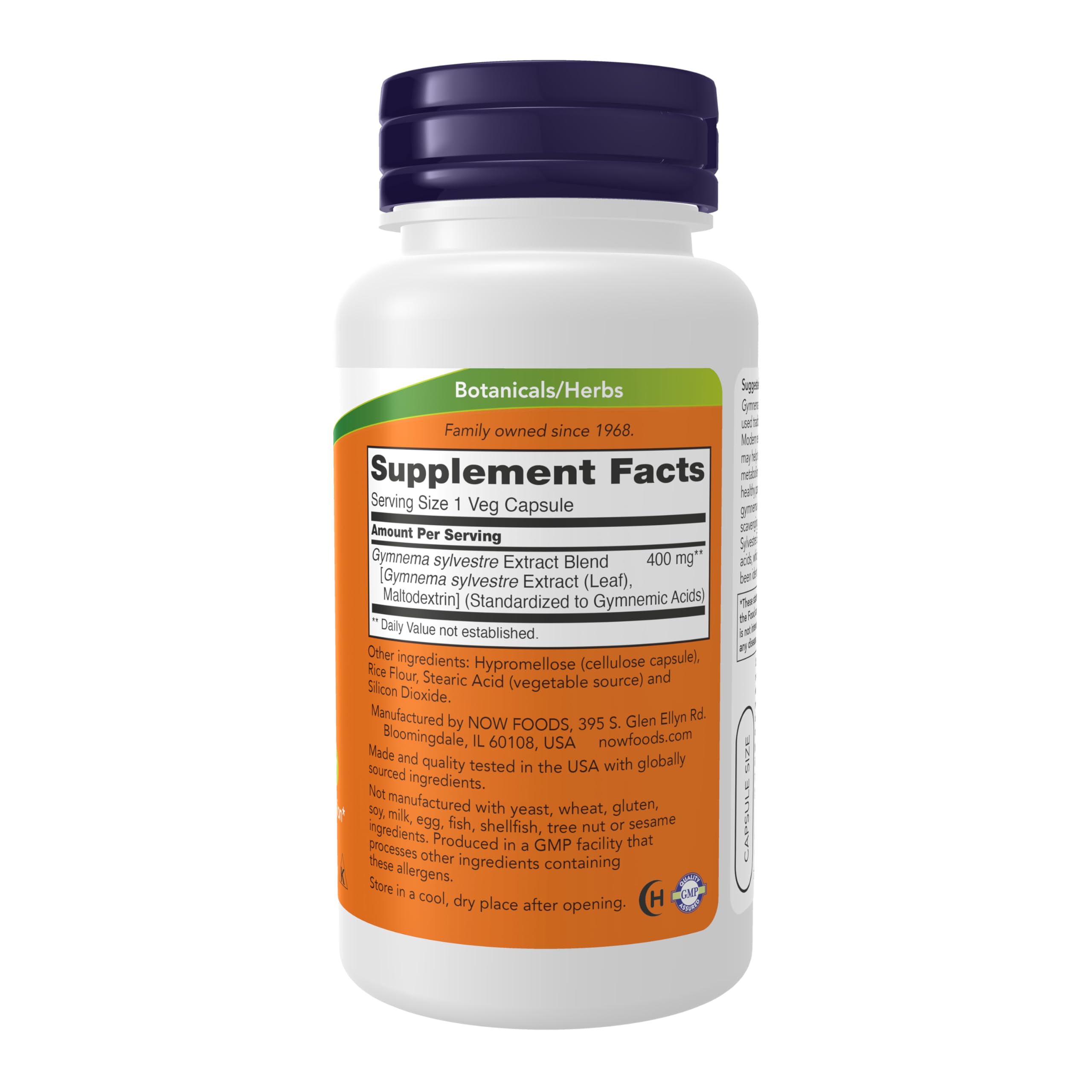 Now Foods Gymnema Sylvestre ninety vegetarian capsules supplement facts label showing ingredients