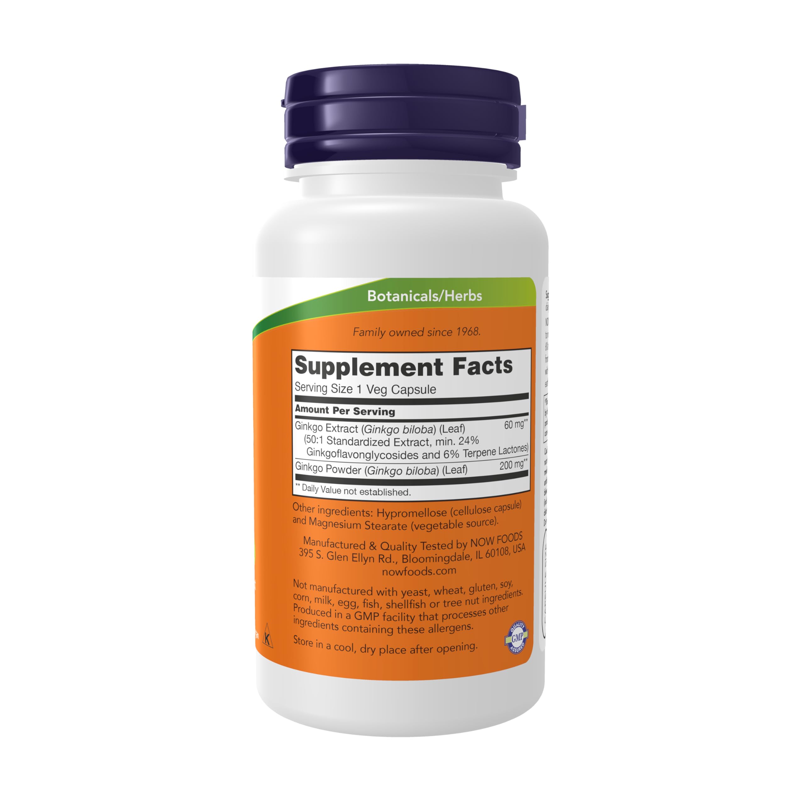 Side angle of NOW Foods Ginkgo Biloba 120 vegetarian capsules supplement bottle.